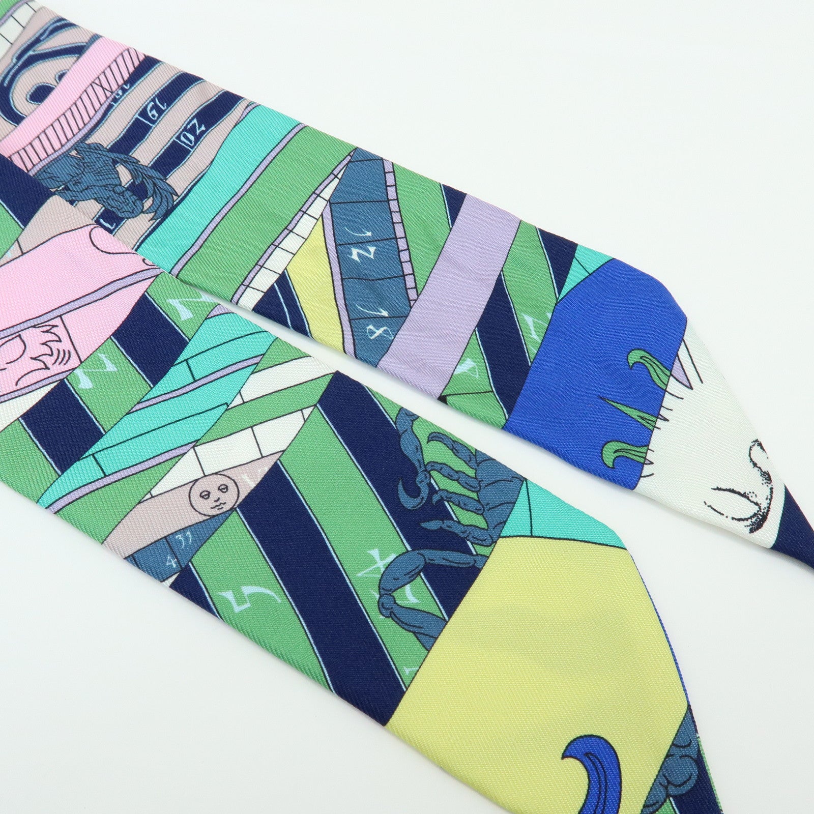 HERMES Twilly Silk 100% Scarf ASTROLOGIE NOUVELLE Green Blue Pink