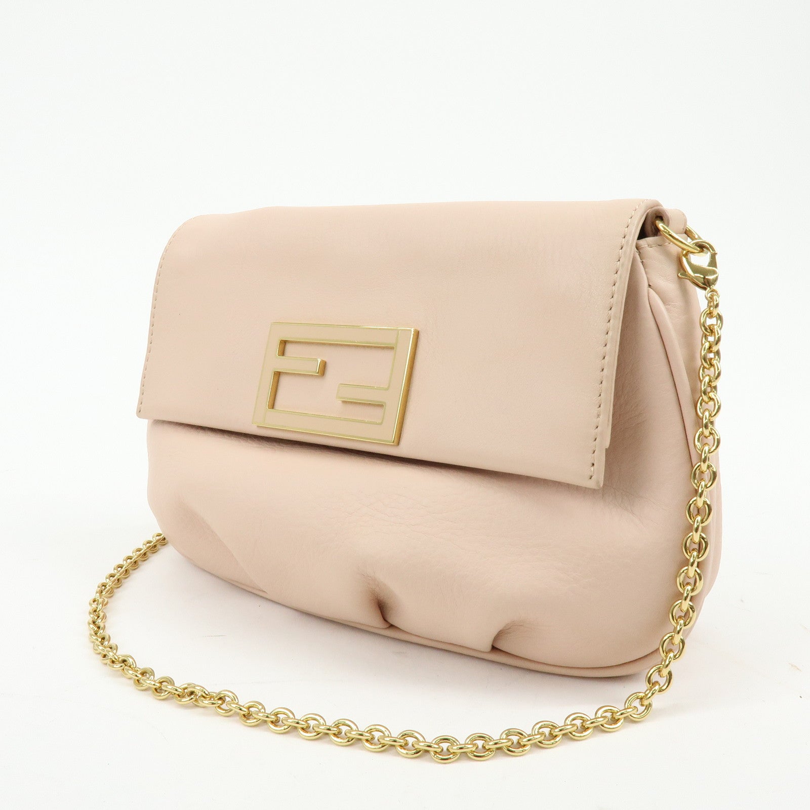 FENDI Leather Chain Shoulder Bag Crossbody Bag Pink Beige 8M0276
