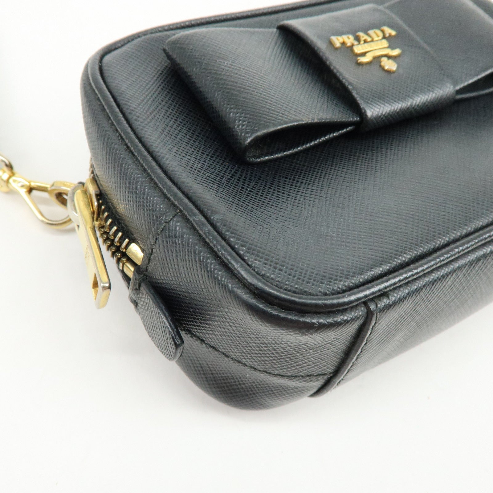 PRADA Saffiano Leather Shoulder Crossbody Bag Ribbon Motif Black 1NF674