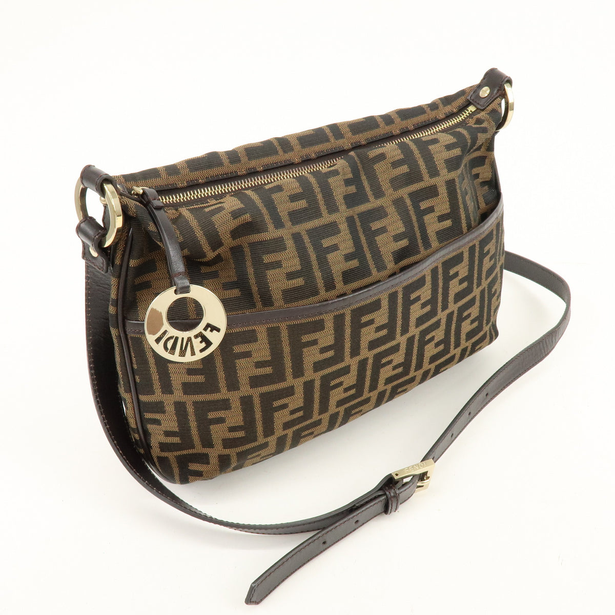 FENDI Zucca Canvas Leather Shoulder Bag Brown Black 8BT190