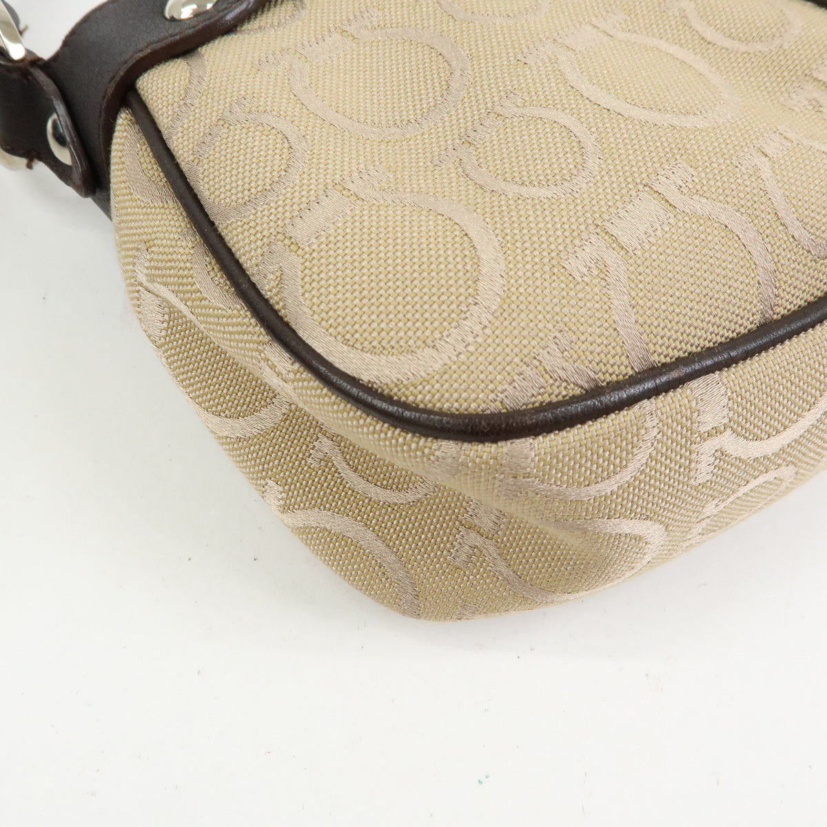 Ferragamo Gancini Jacquard Canvas Leather Hand Bag Beige Brown