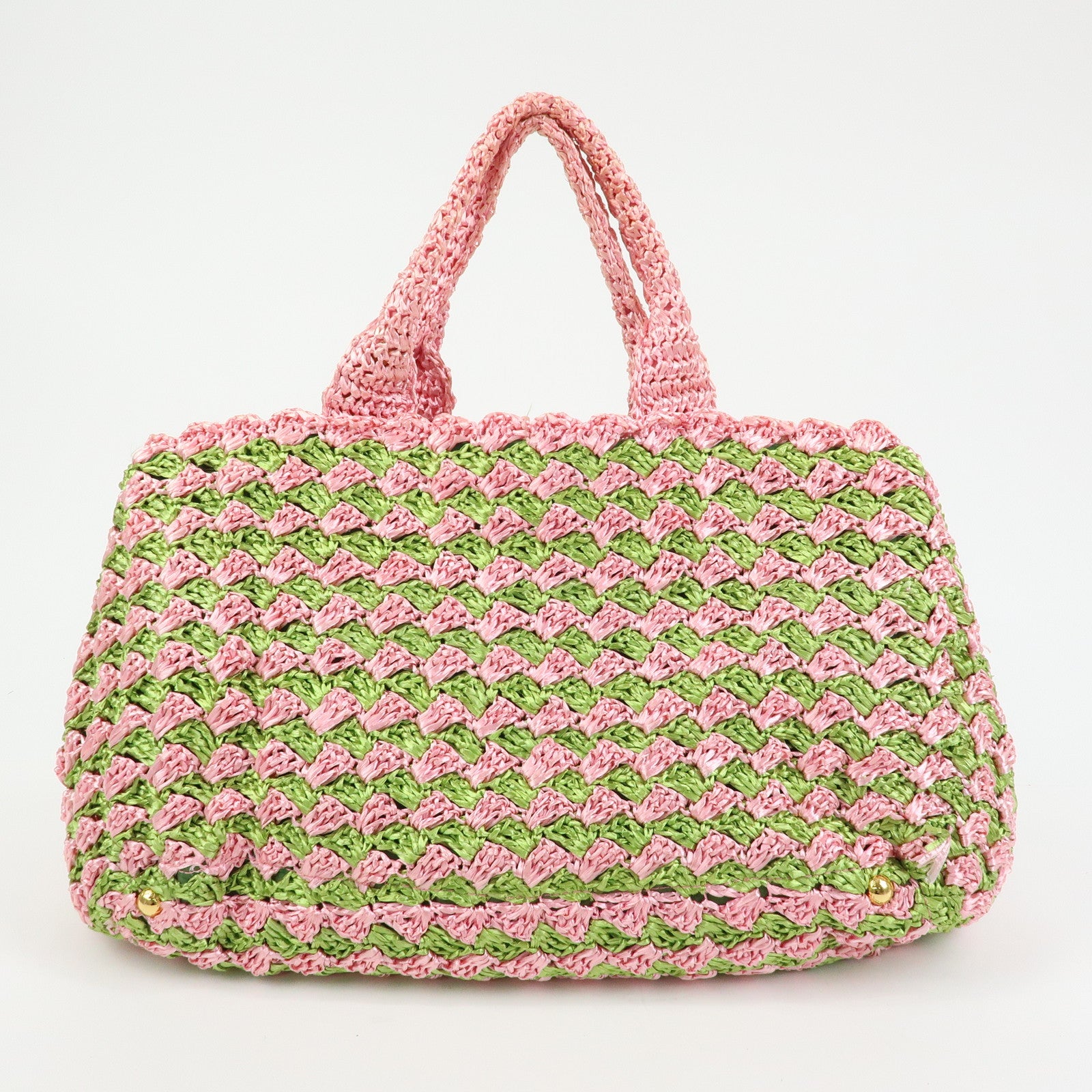 PRADA Triangle Logo Canapa Raffia Tote Bag Hand Bag Pink Green