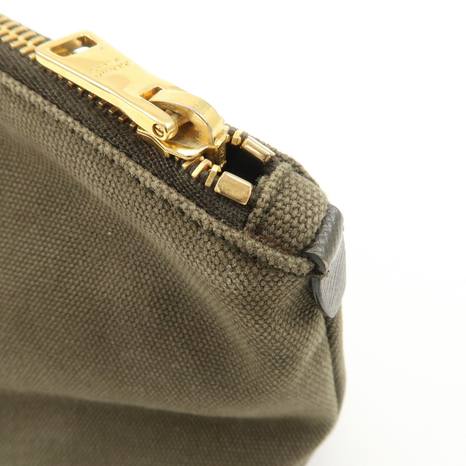 PRADA Triangle Logo Canvas Leather Cosmetic Pouch Khaki 1N1857 Used