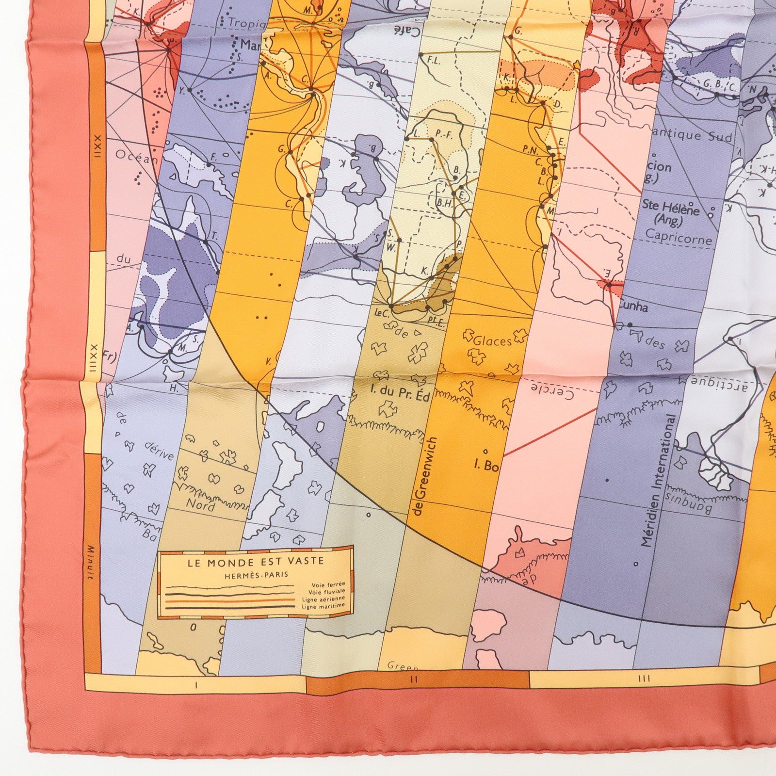 HERMES Carre 90 Silk 100% Scarf LE MONDE EST VASTE Coral Orange