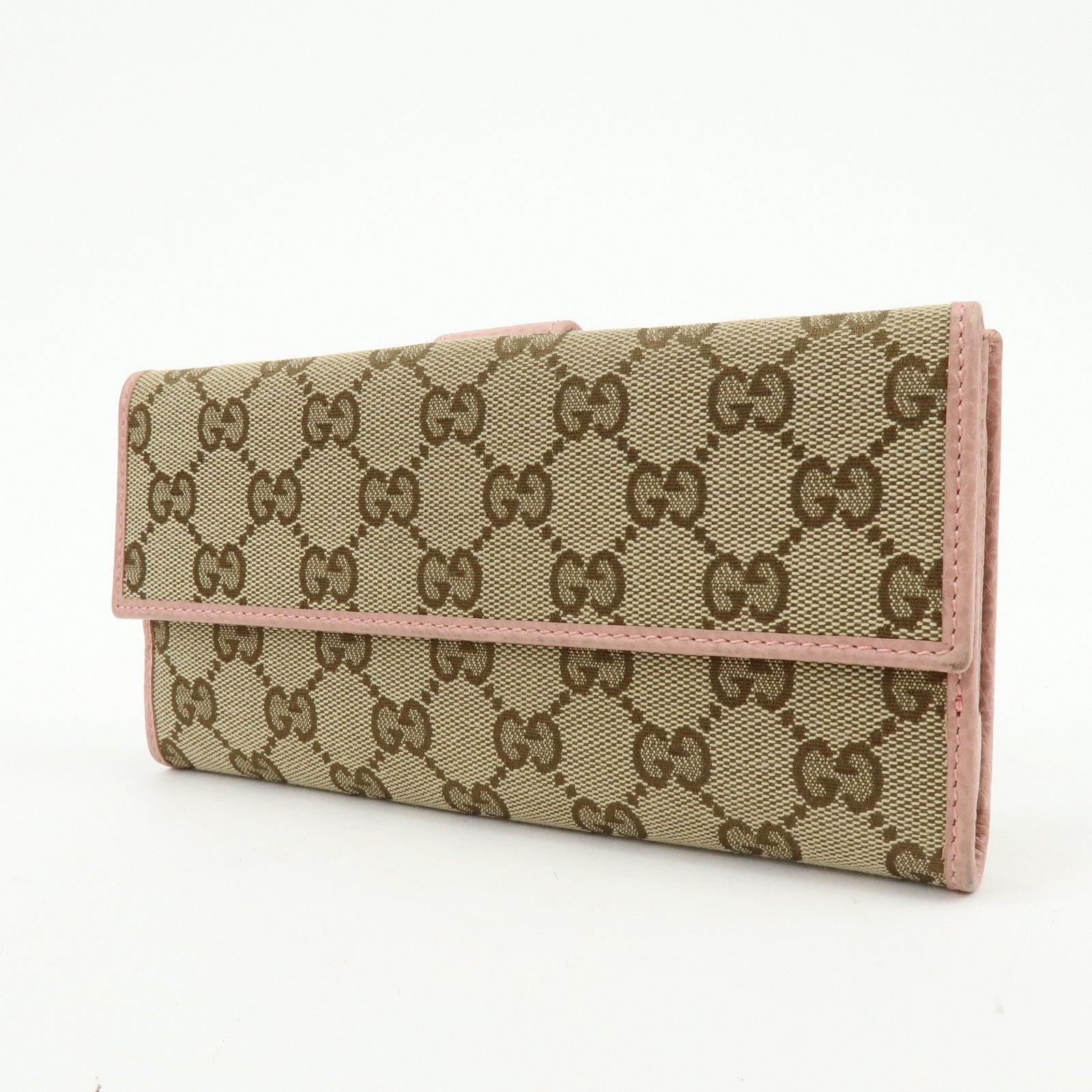 GUCCI GG Canvas Leather W Hook Bi-fold Long Wallet Beige Pink 231841