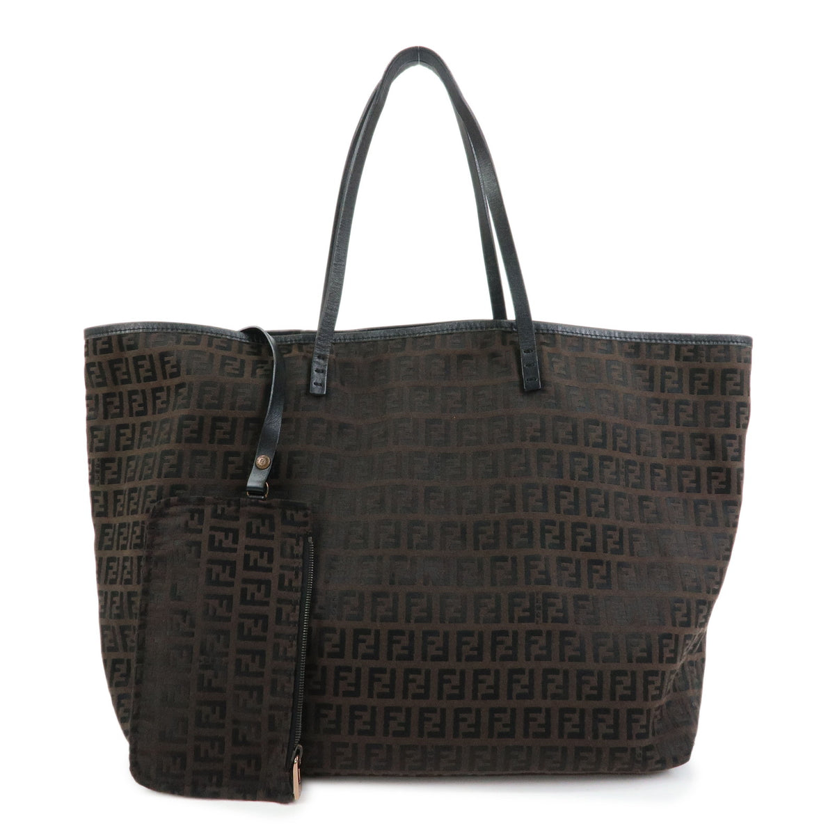 FENDI Zucchino Canvas Leather Tote Bag Black Brown