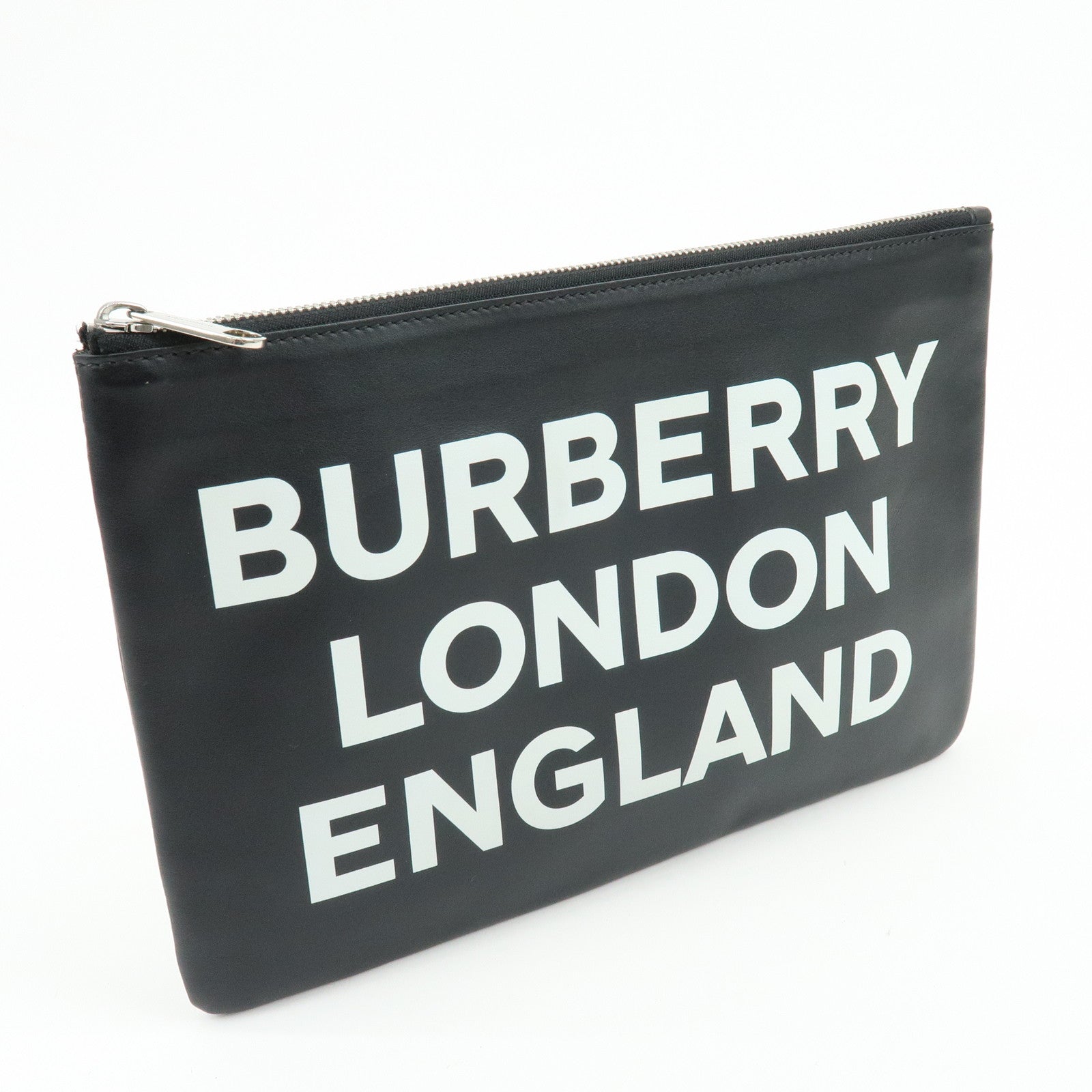 BURBERRY Leather Clutch Bag Flat Pouch Black