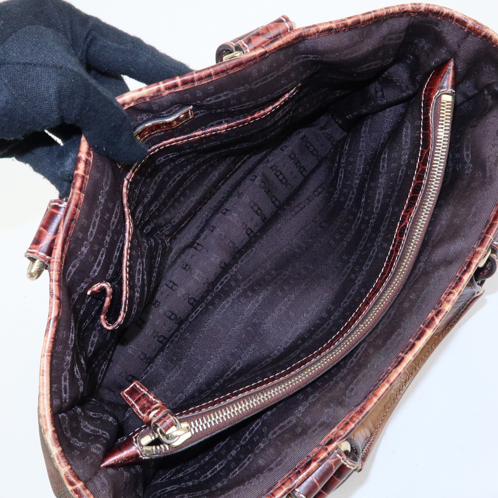 CELINE Boogie Bag Canvas Embossed Leather Hand Bag Tote Bag Brown