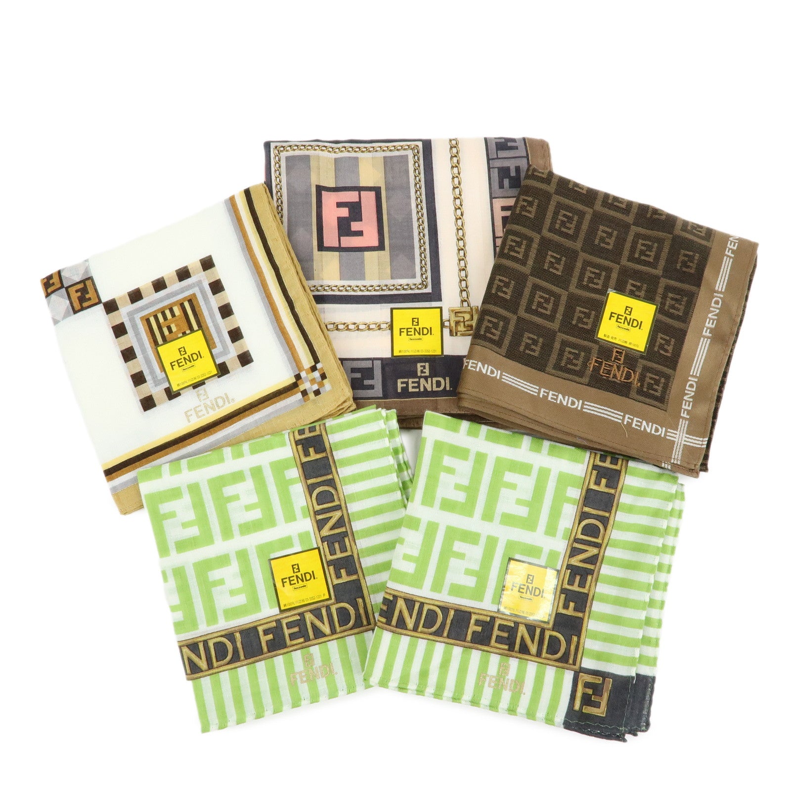 FENDI Zucca Zuccino Cotton 100% Lot of 5 Handkerchief Brown Green Pink