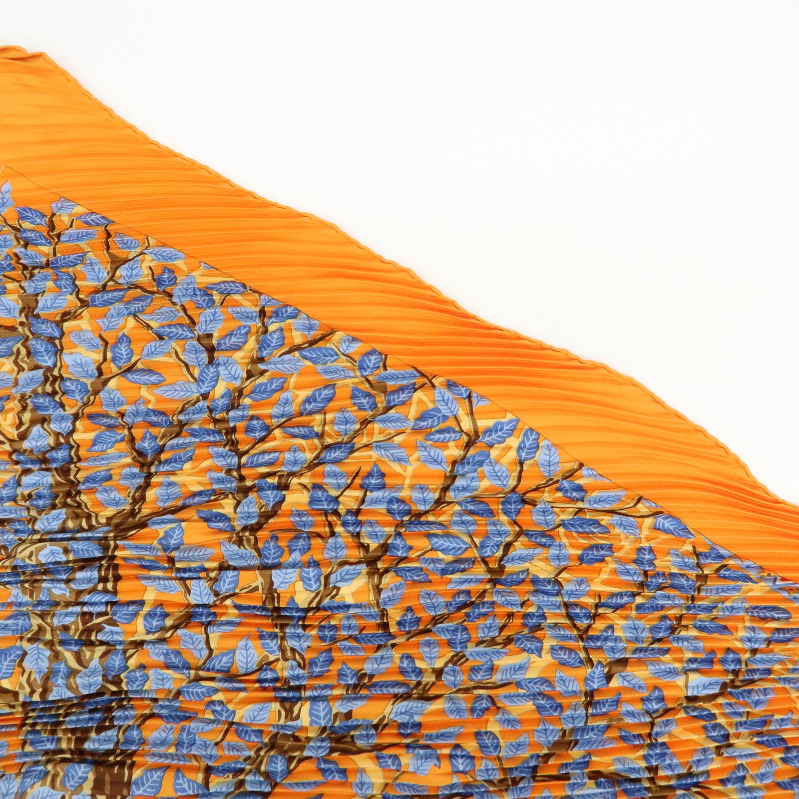 HERMES Pleated Carre Silk 100% Scarf AXIS MUNDI Orange Light Blue