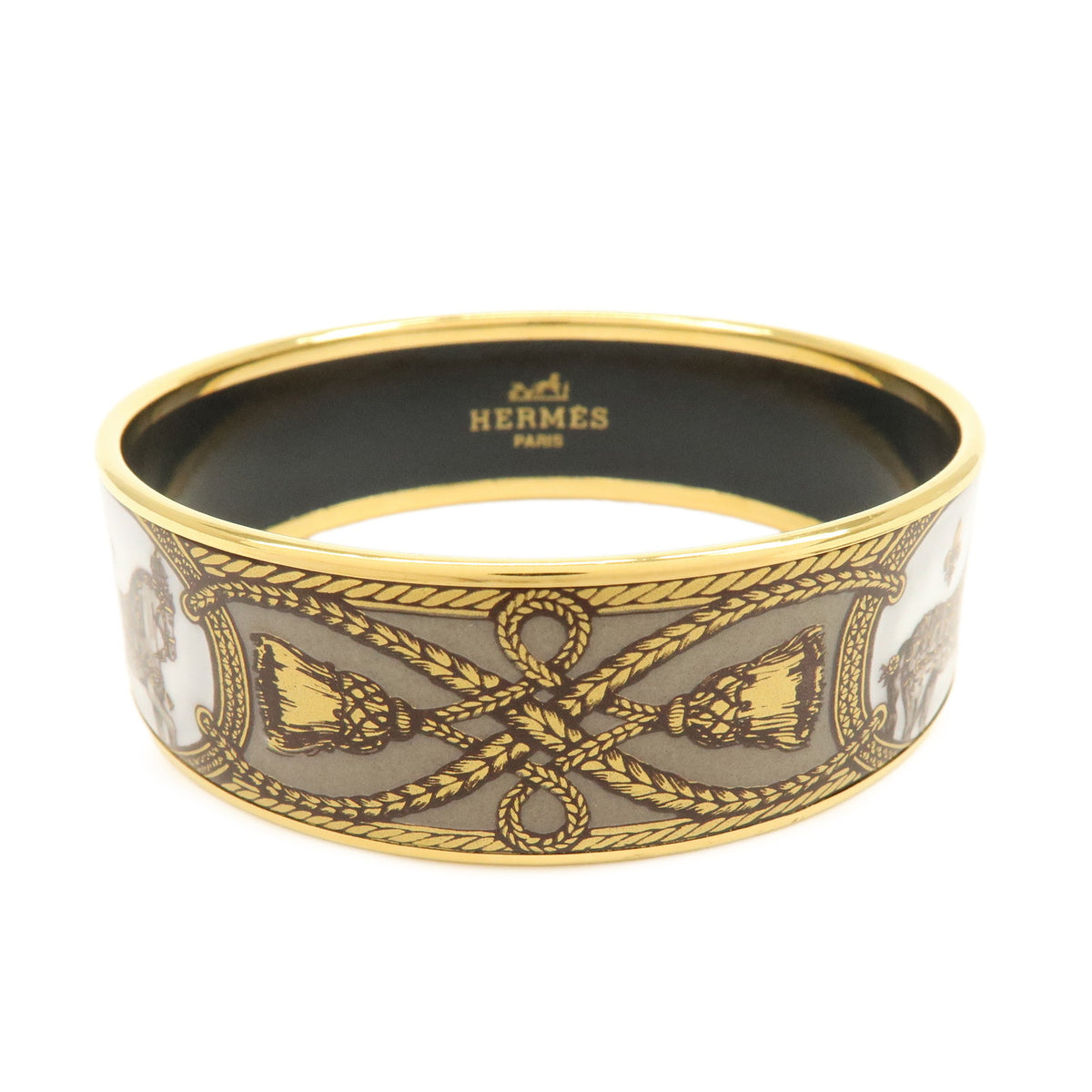 HERMES Email GM Gold Plated Bangle Bracelet Gold Grey White