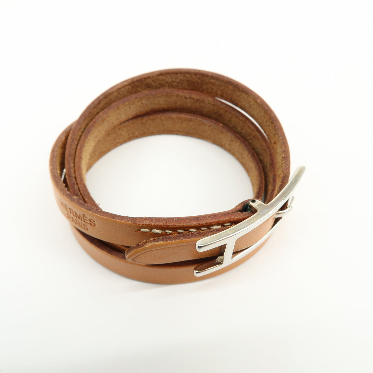 HERMES Leather Api 3 H Buckle Bracelet Brown
