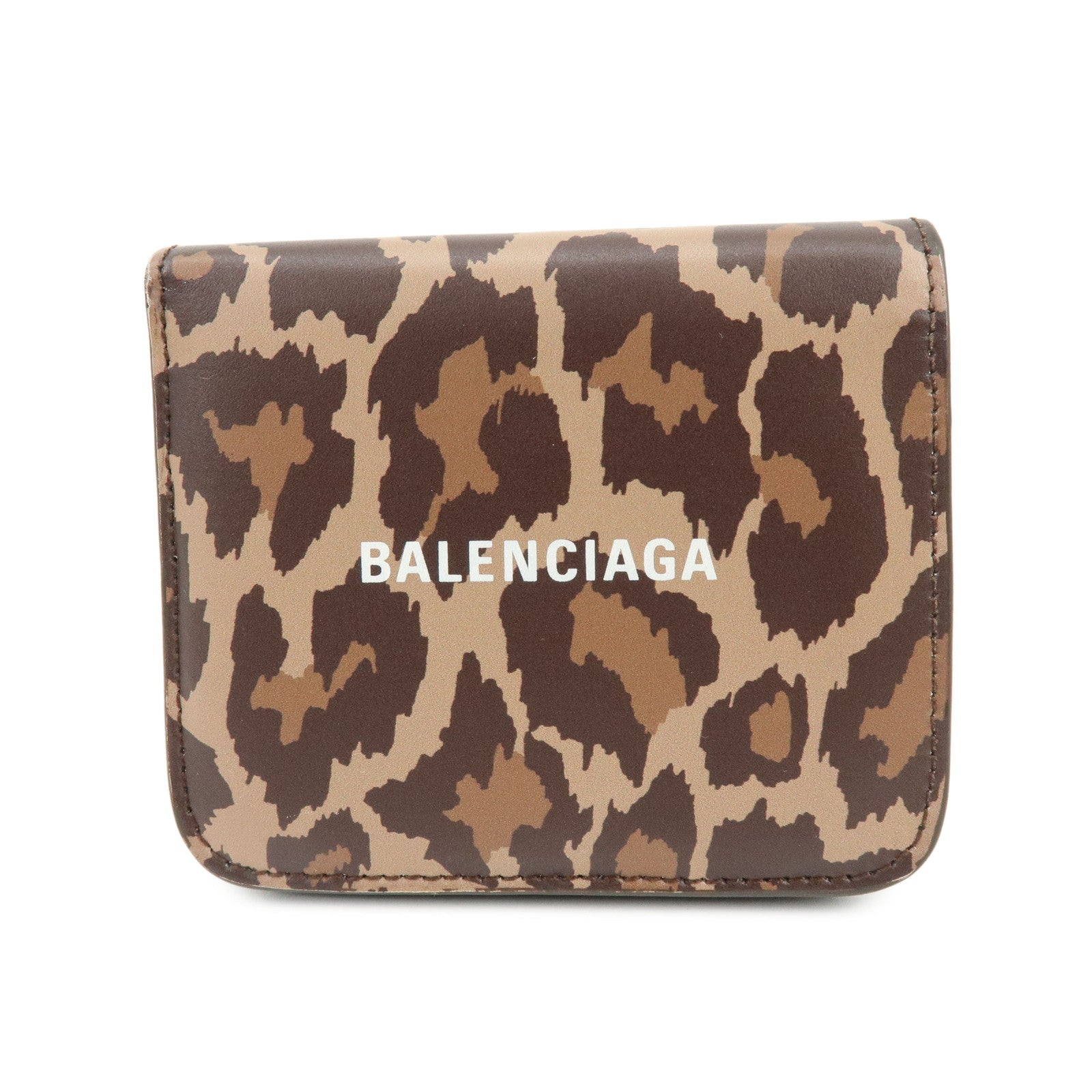 Balenciaga Leather Bi-Fold Compact Wallet Leopard Motif Brown