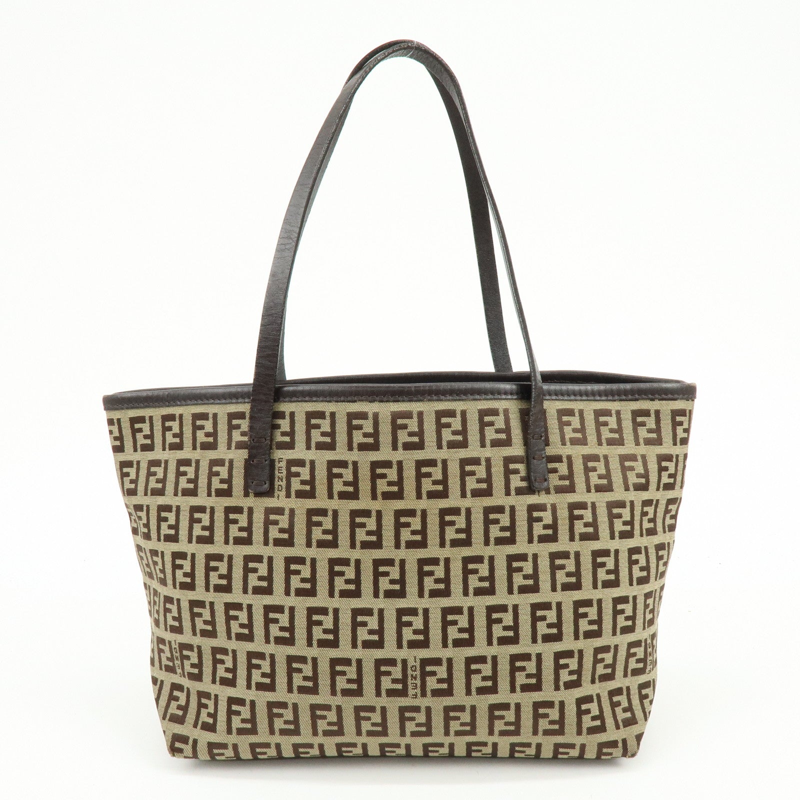 FENDI Zucchino Canvas Leather Tote Bag Hand Bag Shoulder Bag Brown