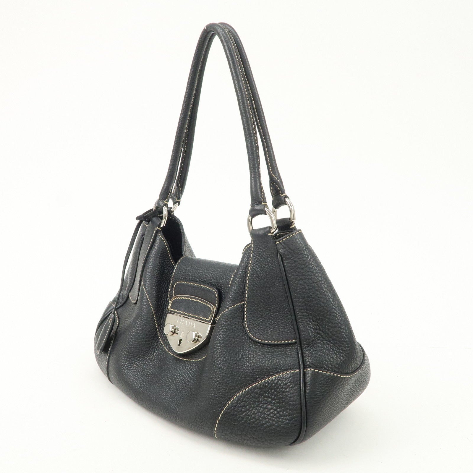 PRADA Logo Leather Shoulder Bag Hand Bag Black Silver Hardware