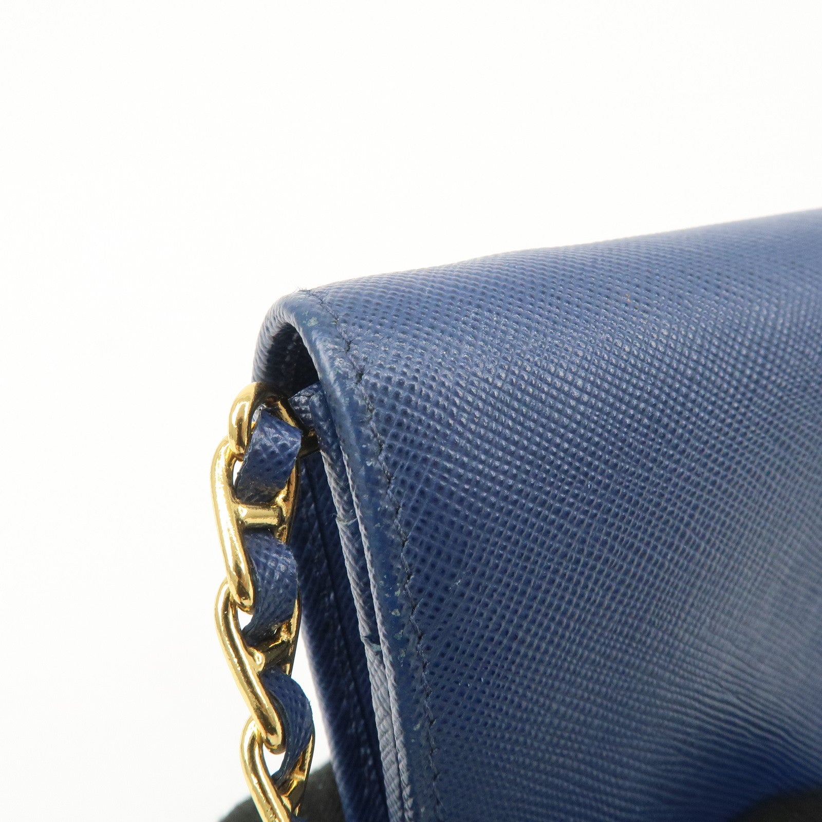 PRADA Logo Leather Chain Wallet WOC Blue Gold Hardware 1MT290 Used