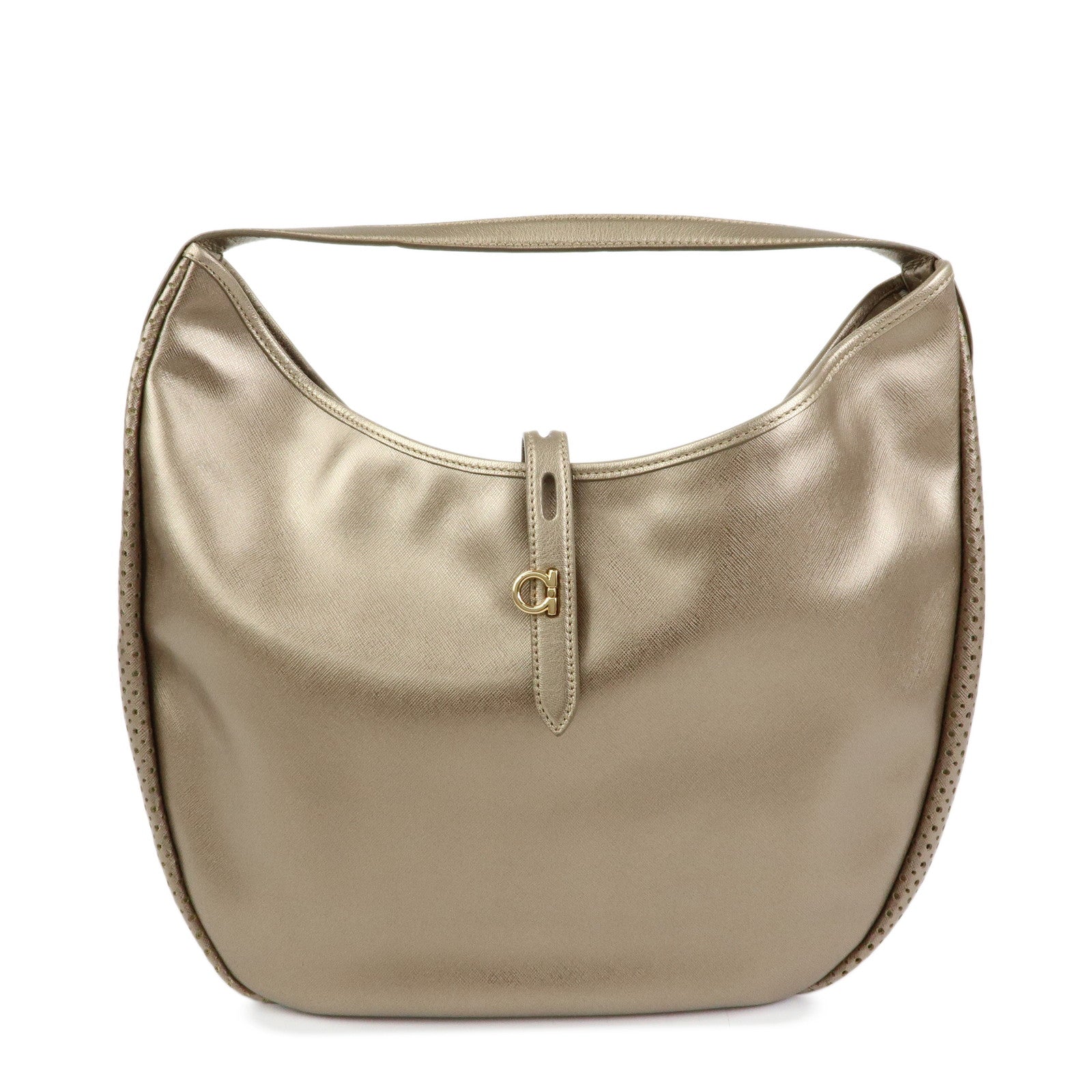 Ferragamo Gancini Leather Shoulder Bag Hand Bag Metallic Pink Beige