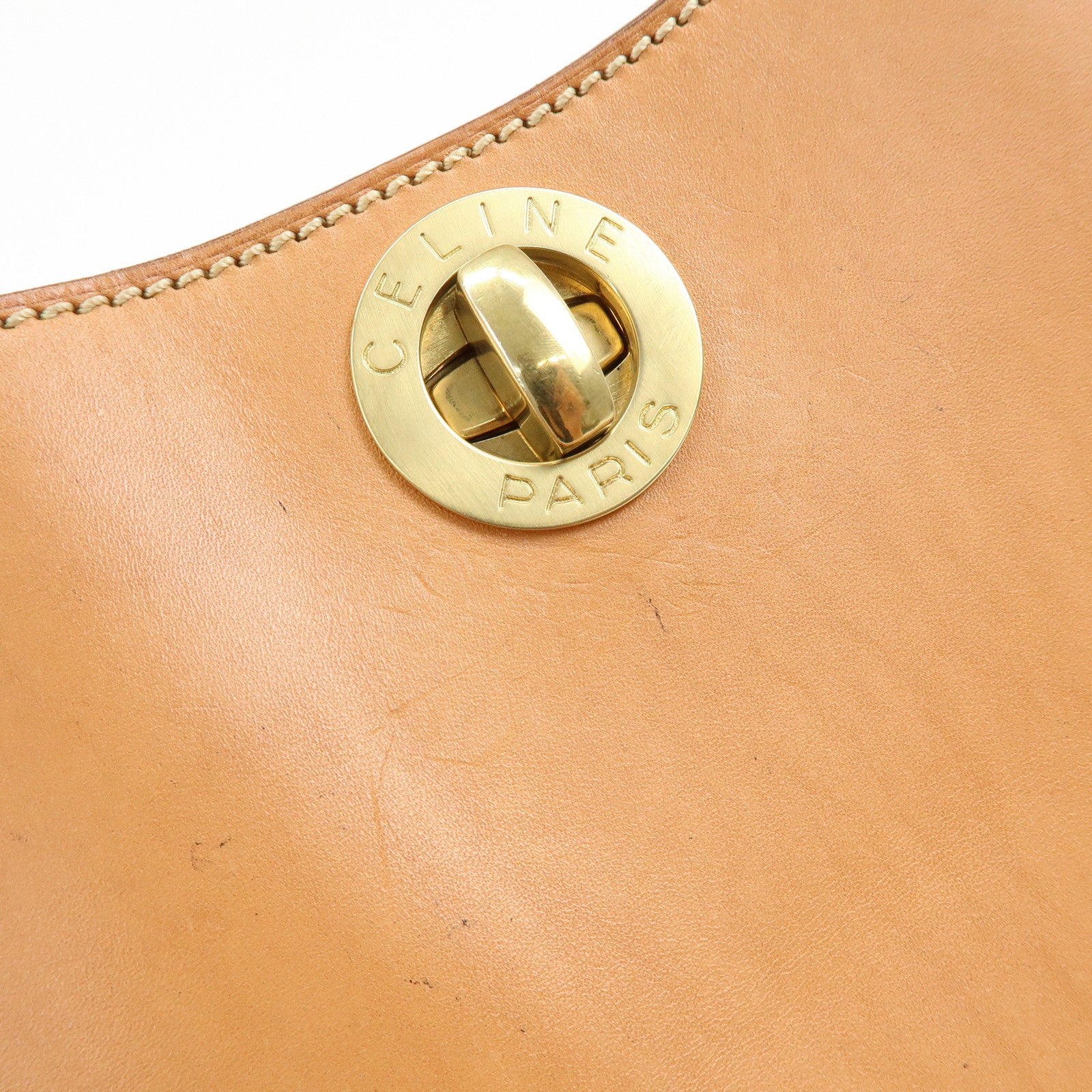CELINE Logo Leather Turn Lock Shoulder Bag Hand Bag Light Brown