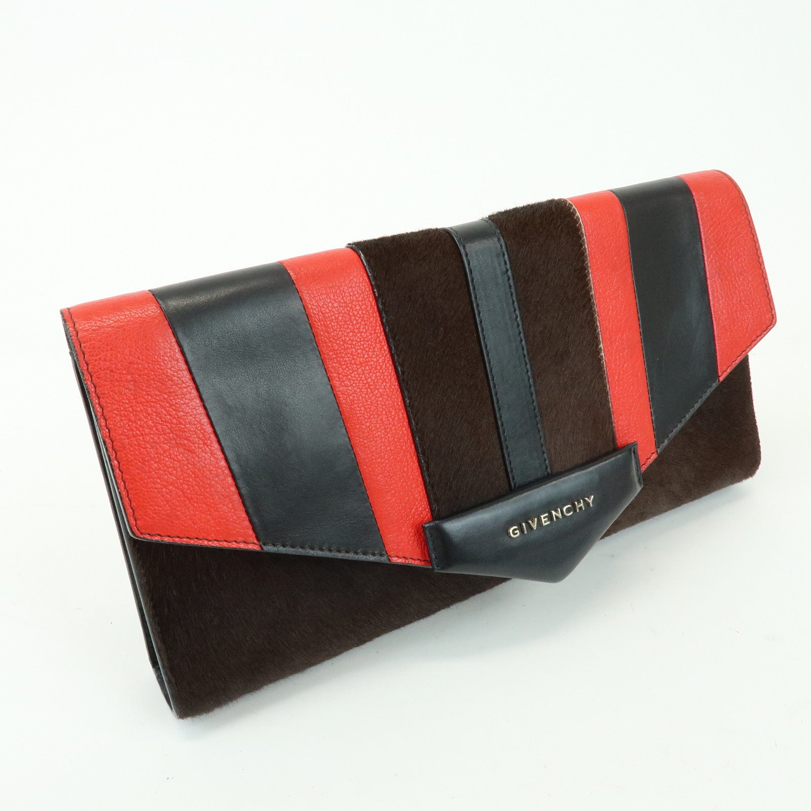 GIVENCHY Pony Hair Leather Clutch Bag Flat Pouch Brown Red TE0142