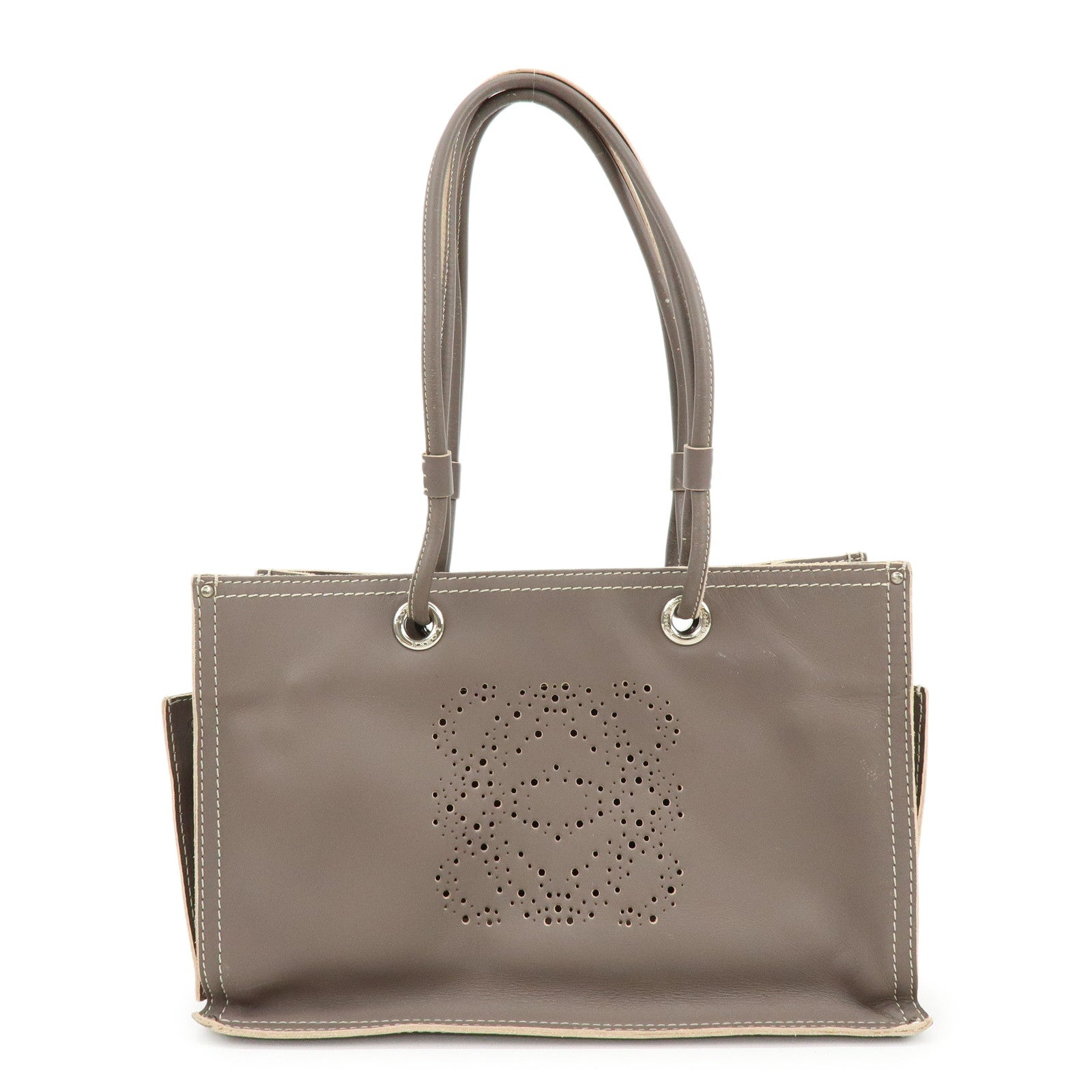 LOEWE Anagram Perforated Shopper Tote Bag Leather Shoulder Bag Brown