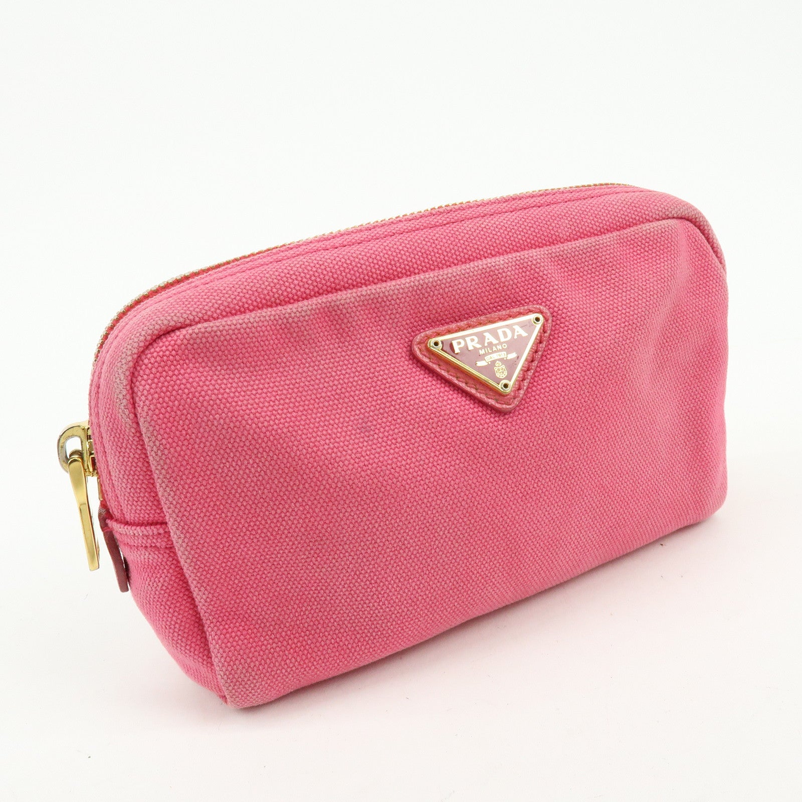 PRADA Triangle Logo Canvas Leather Pouch Cosmetic Pouch Pink