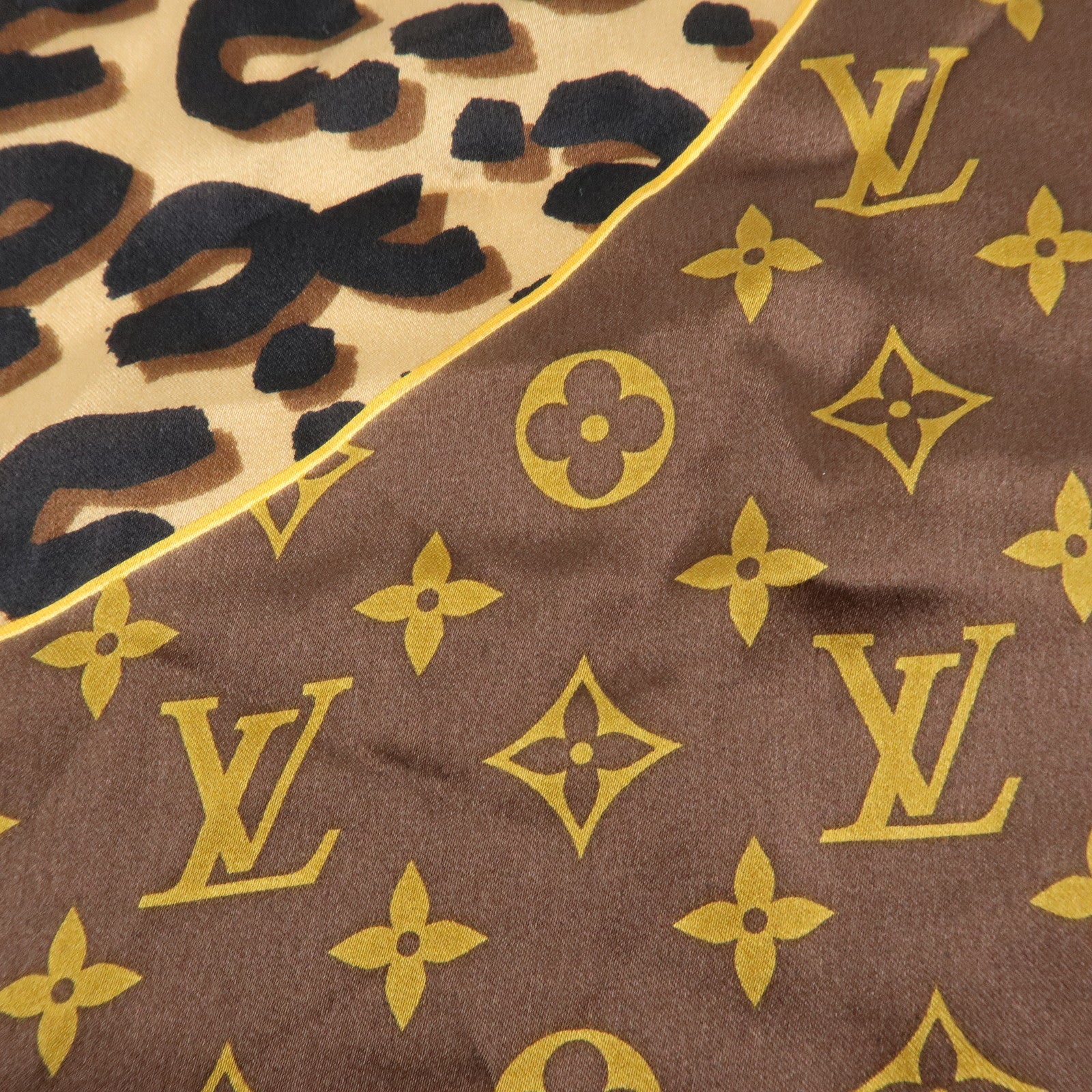 Louis Vuitton Monogram Silk 100% Scarf Shawl Leopard Pattern Brown
