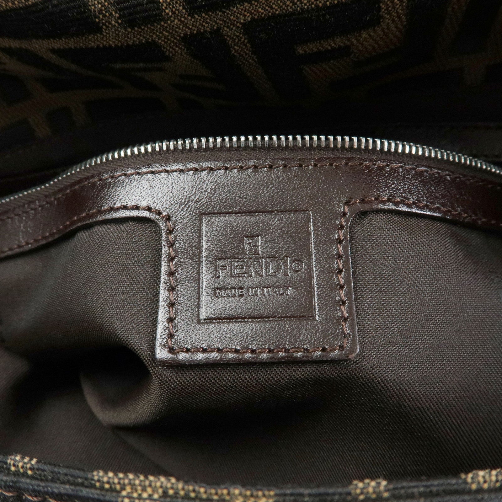 FENDI Mamma Baguette Zucca Canvas Leather Shoulder Bag Brown 26325