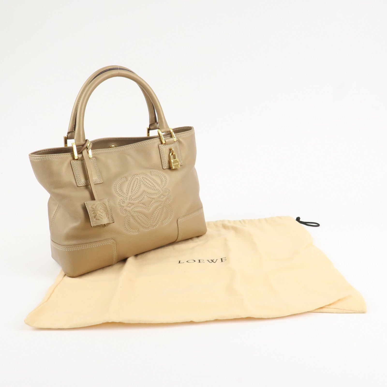 LOEWE Amazona Anagram Leather Fusta Tote Bag Hand Bag Beige Used