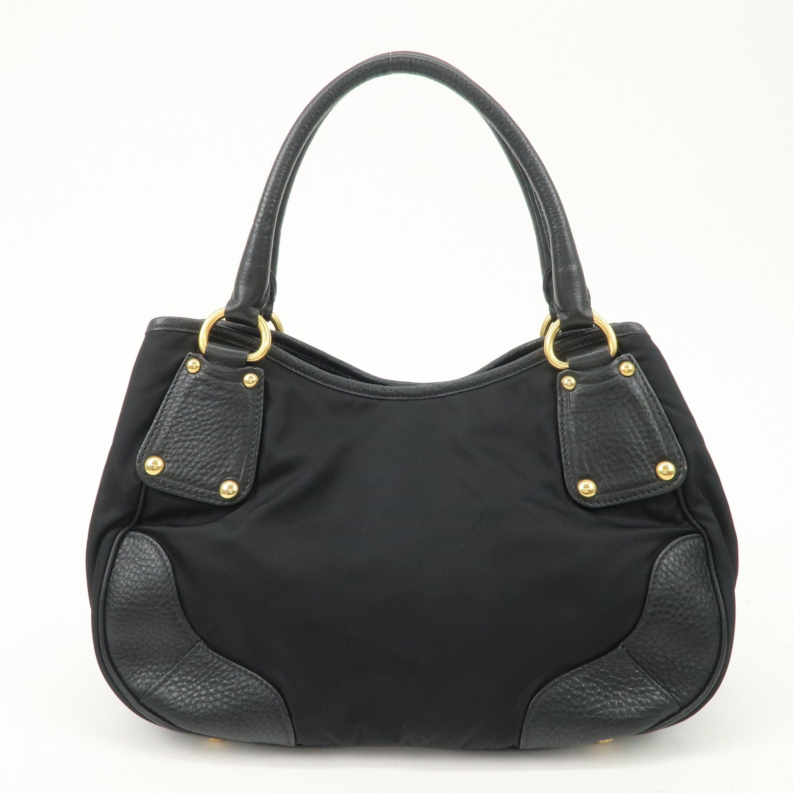 PRADA Nylon Leather Tote Bag Shoulder Bag Black Gold HDW BR4635 Used