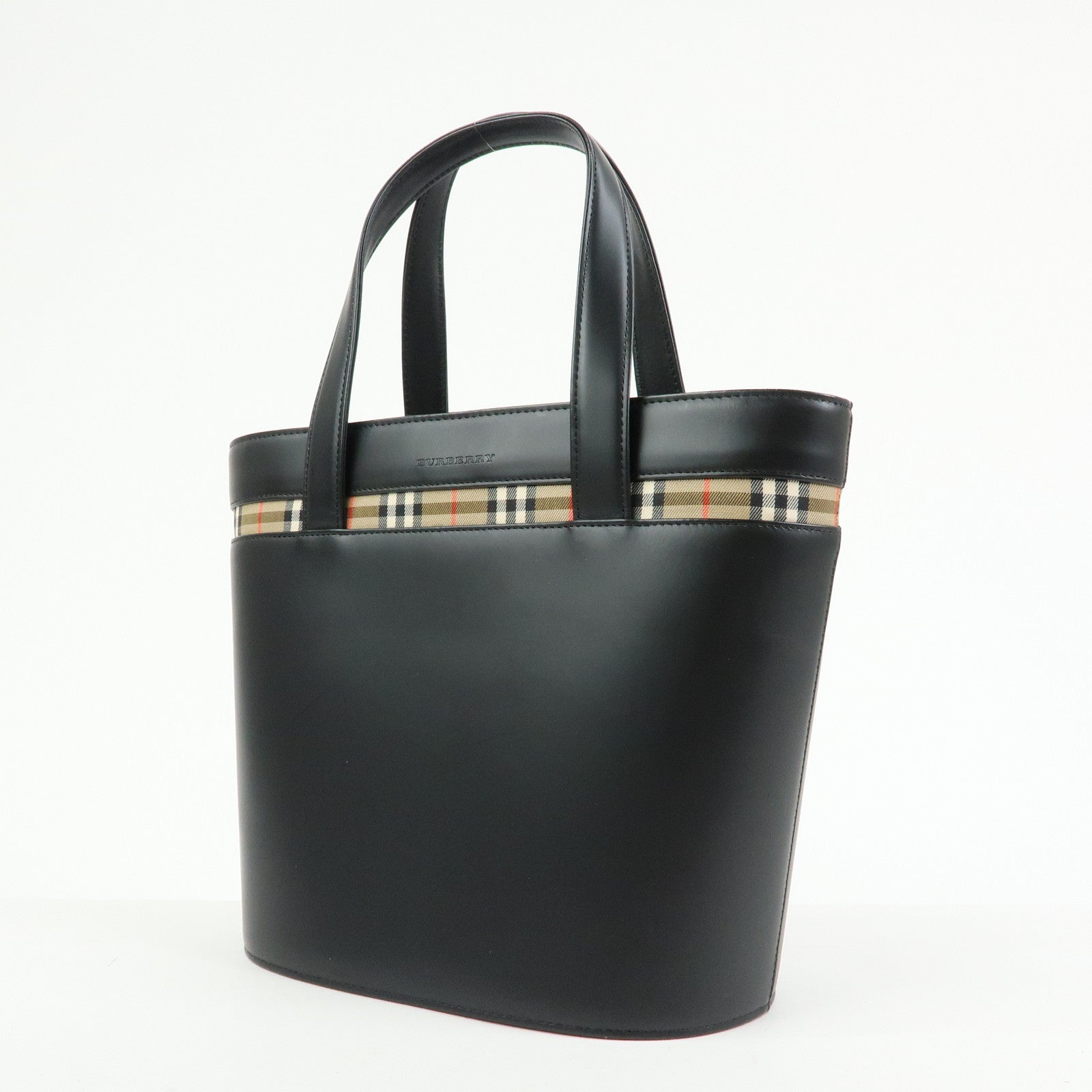 BURBERRY Nova Plaid Leather Canvas Tote Bag Hand Bag Black