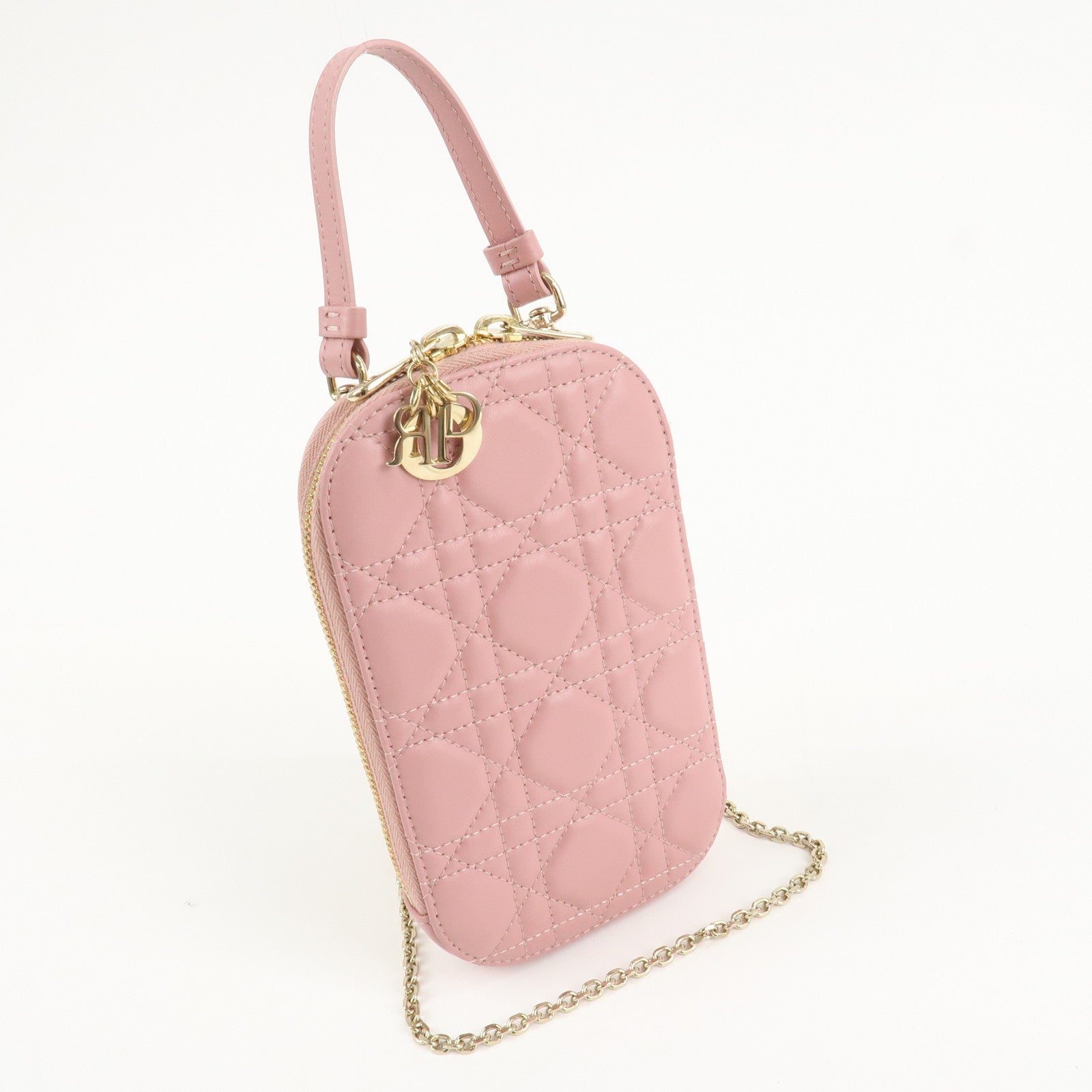 Christian Dior Cannage Leather Phone Holder Shoulder Bag Pink Used