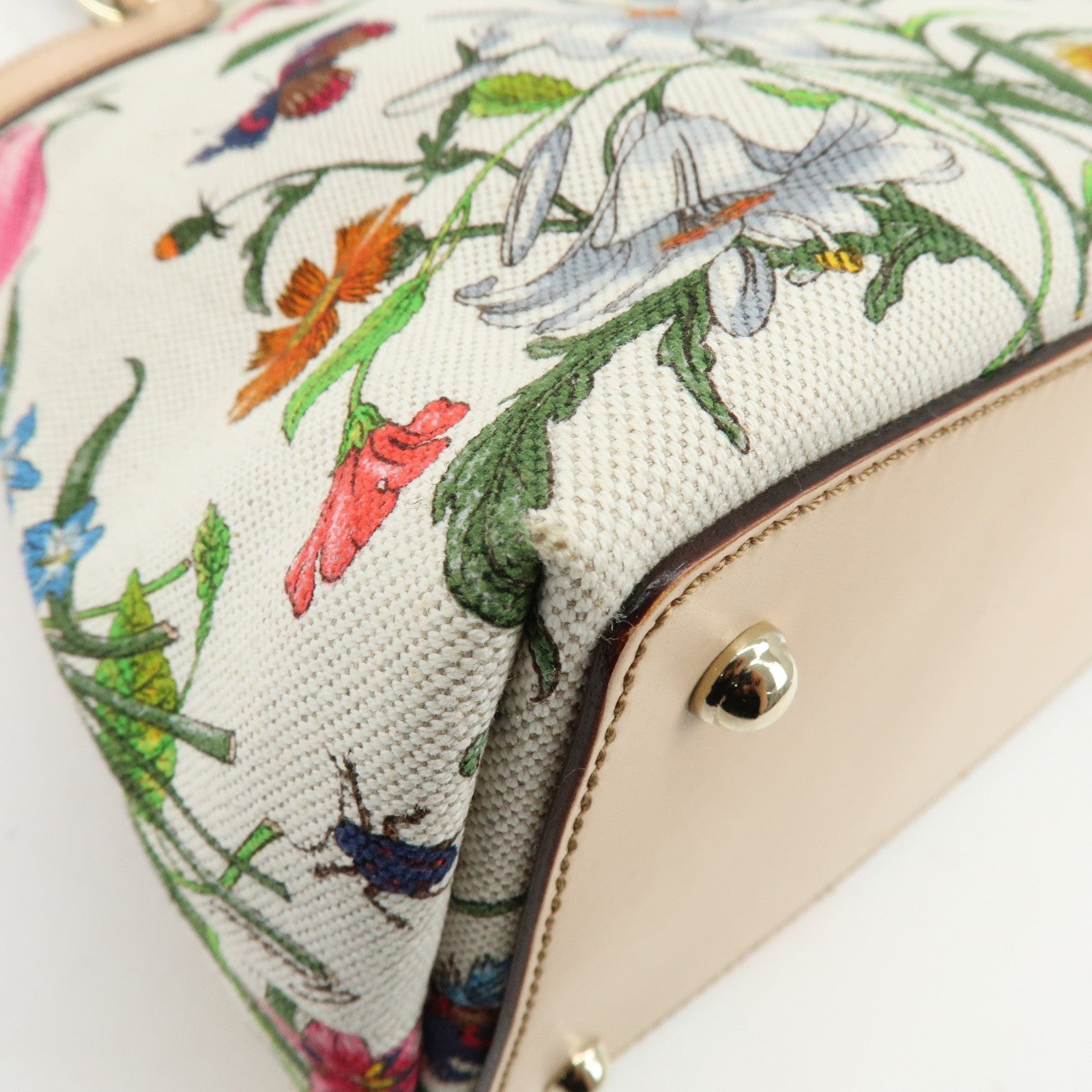 GUCCI Bamboo Flora Canvas Leather Hand Bag Multicolor Beige 137395