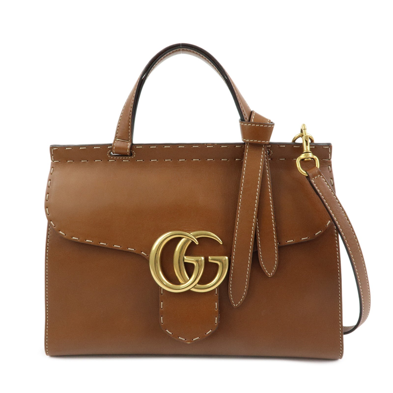 GUCCI Double G Leather 2Way Bag Hand Bag Shoulder Bag Brown 421890