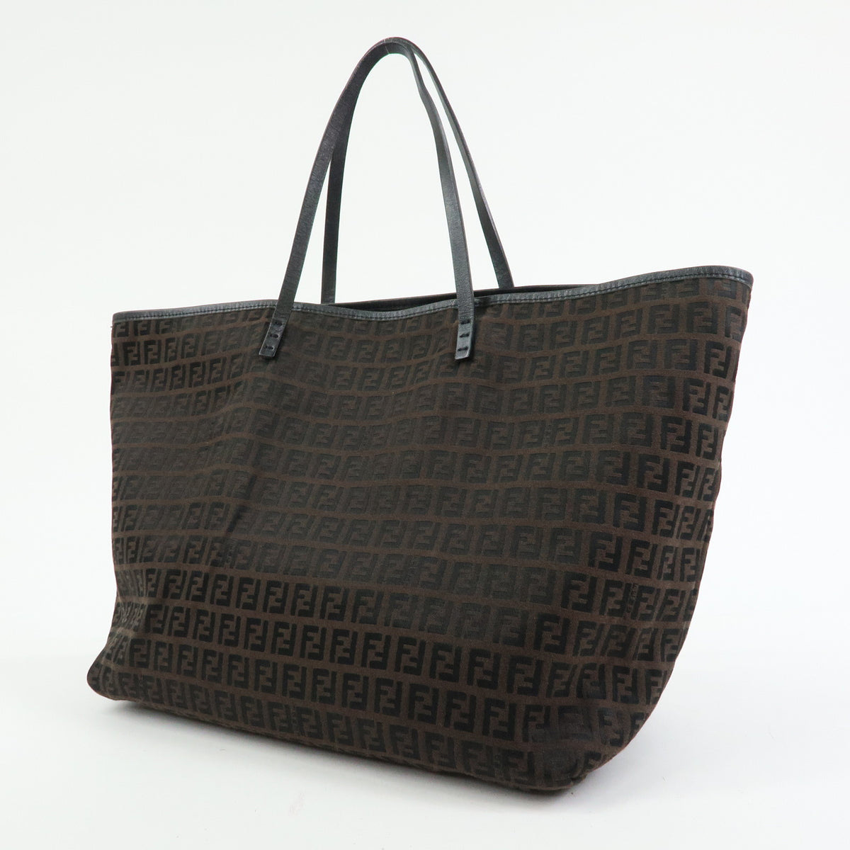 FENDI Zucchino Canvas Leather Tote Bag Black Brown