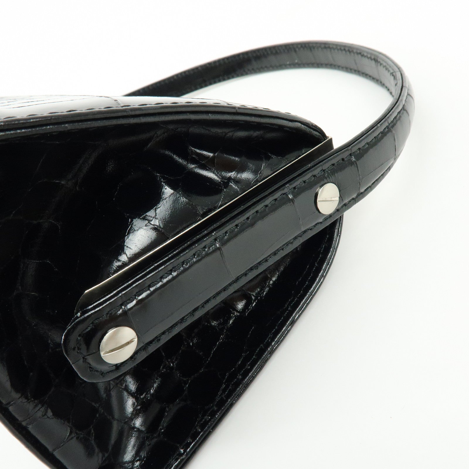 GIANNI VERSACE Embossed Leather Kiss Lock Top Handle Hand Bag Black