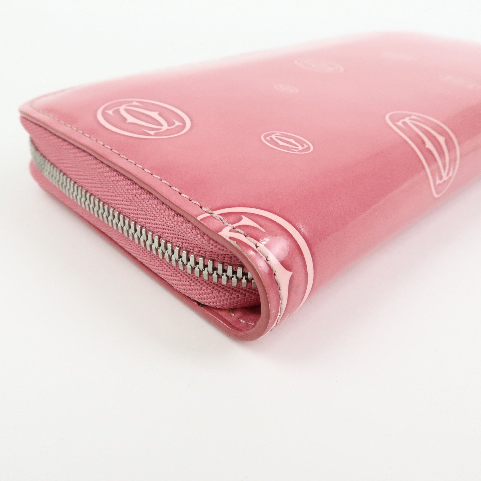 Cartier Happy Birthday Patent Leather Round Zippy Long Wallet Pink