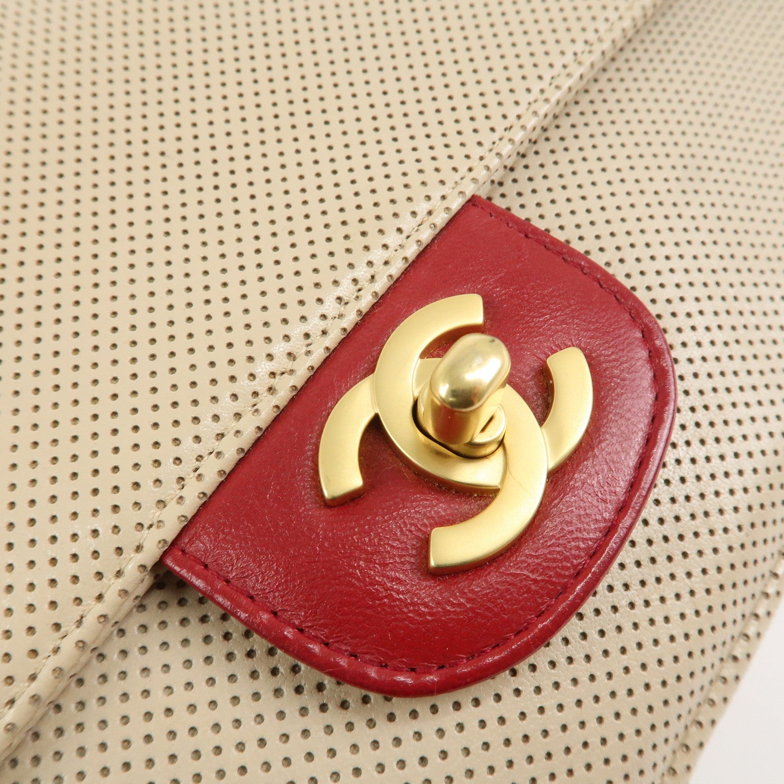 CHANEL COCO Mark Punching Leather Shoulder Bag Hand Bag Beige Red Used