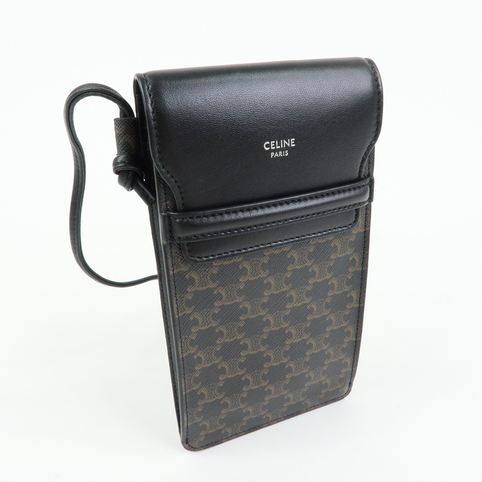 CELINE Triomphe PVC Leahter Mobile Pouch Phone Case Black Brown