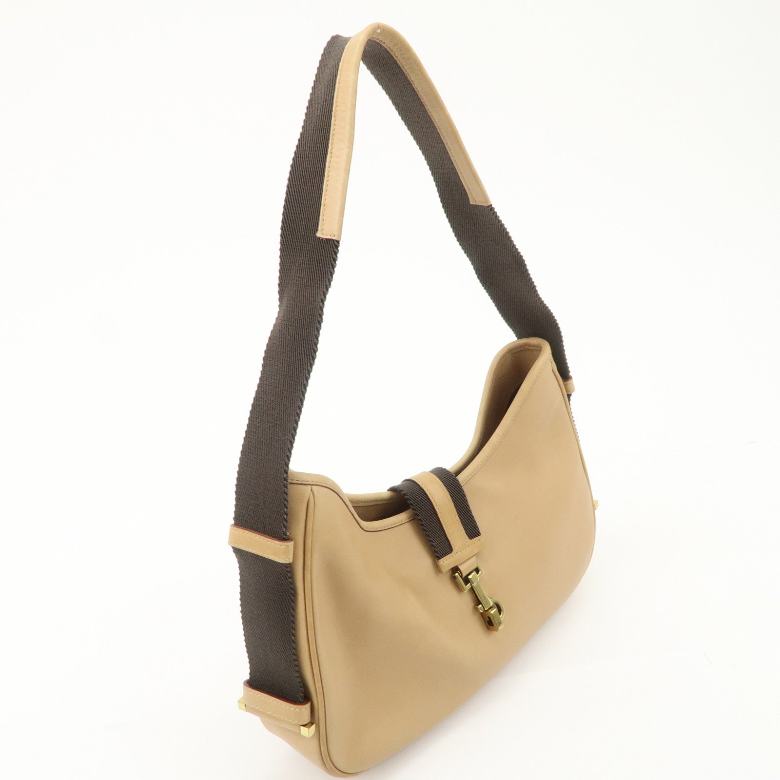 GUCCI Leather Shoulder Bag Beige Gold HDW 92736 Used