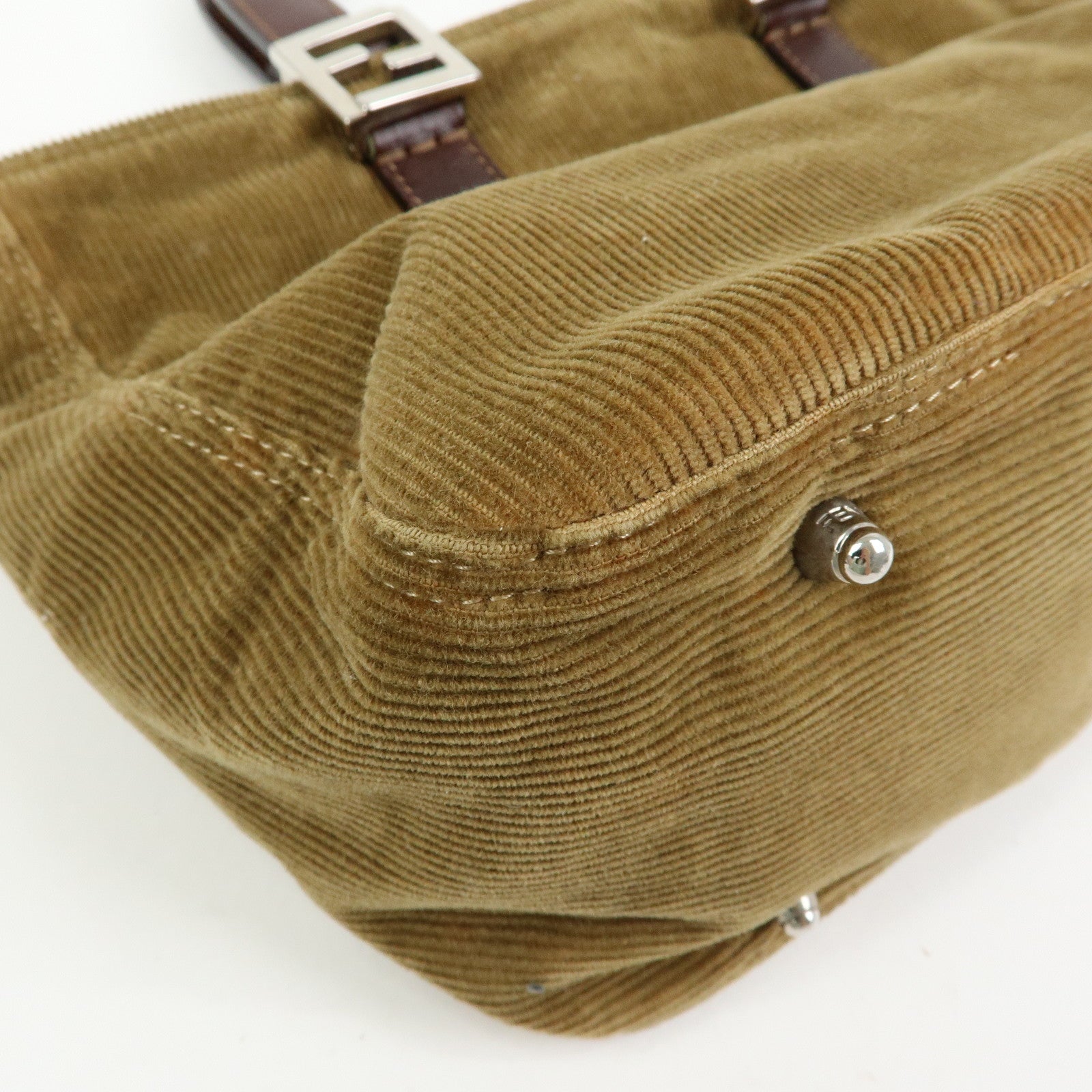FENDI Corduroy Leather Hand Bag Mini Tote Bag Khaki 26693