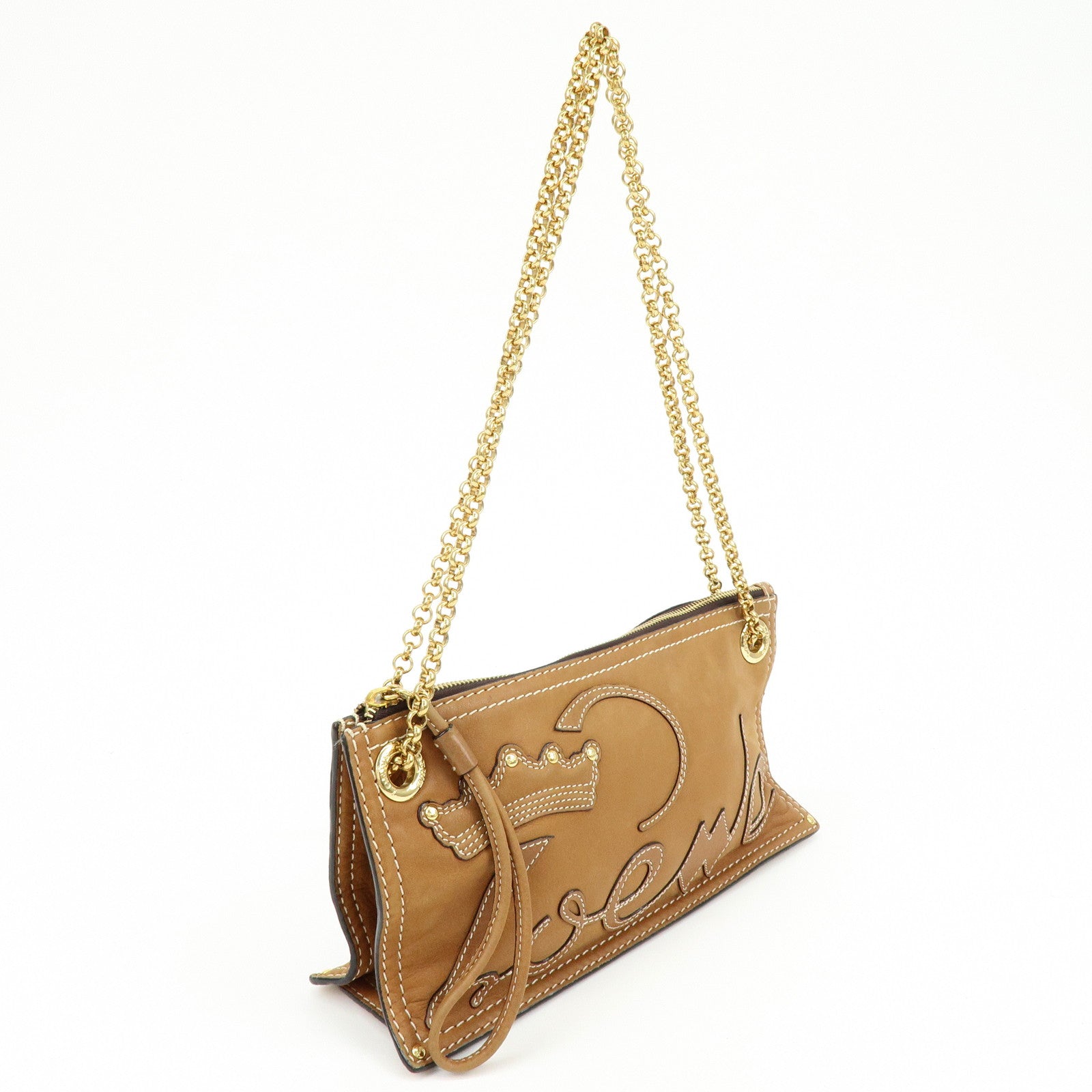 LOEWE Leather Crown Motif Chain Shoulder Bag Crossbody Bag Brown