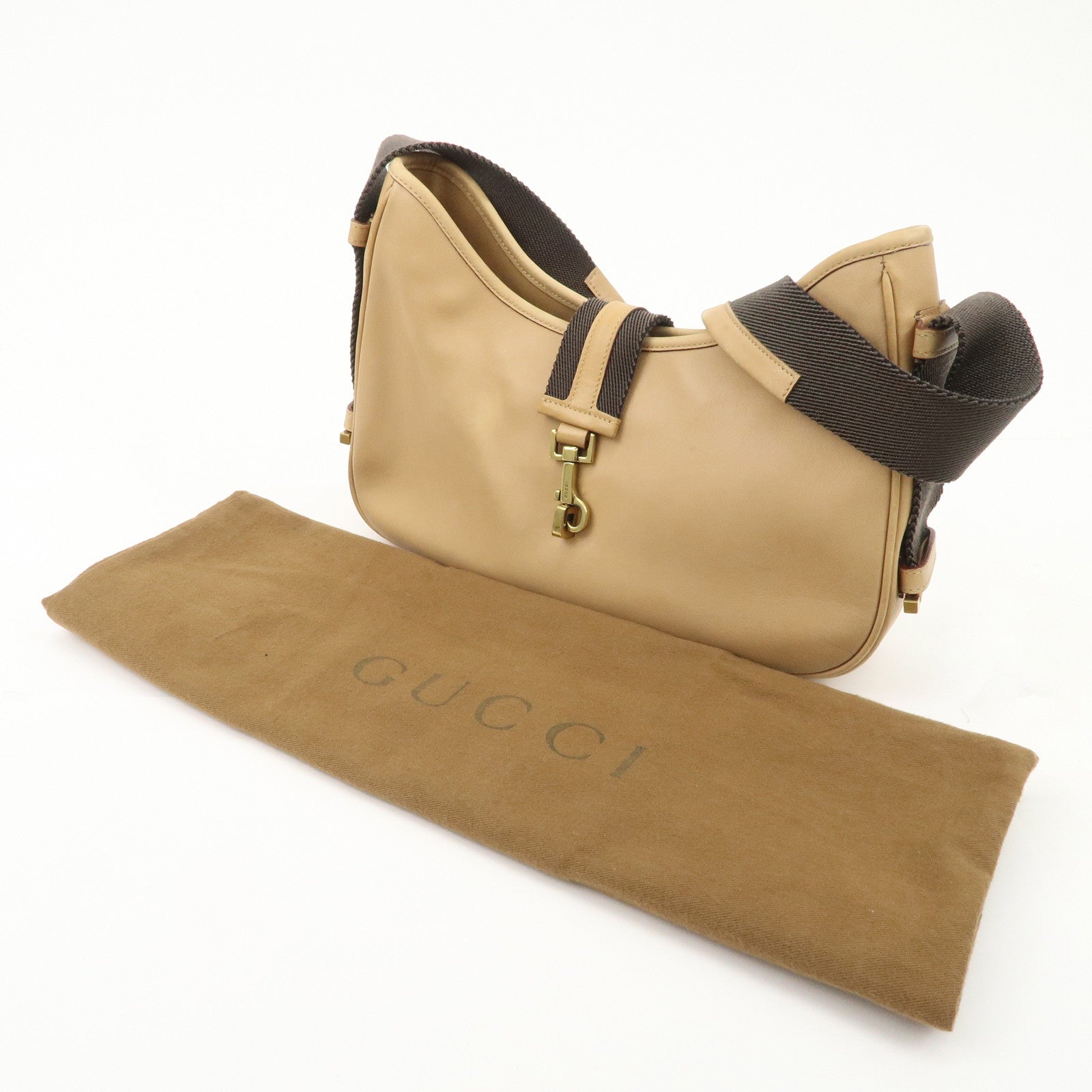 GUCCI Leather Shoulder Bag Beige Gold HDW 92736 Used