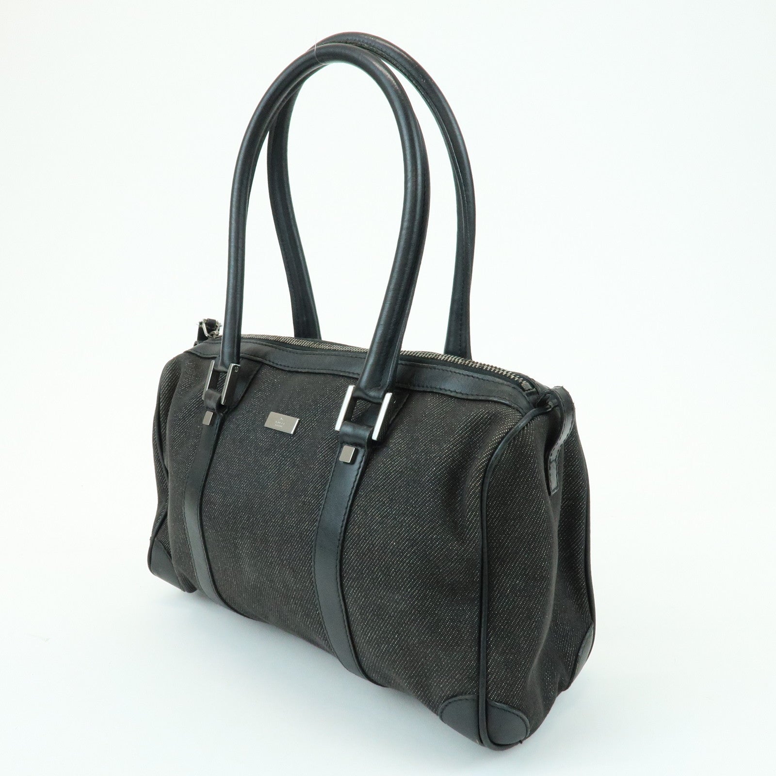 GUCCI Canvas Leather Boston Bag Hand Bag Black Dark Grey 30458