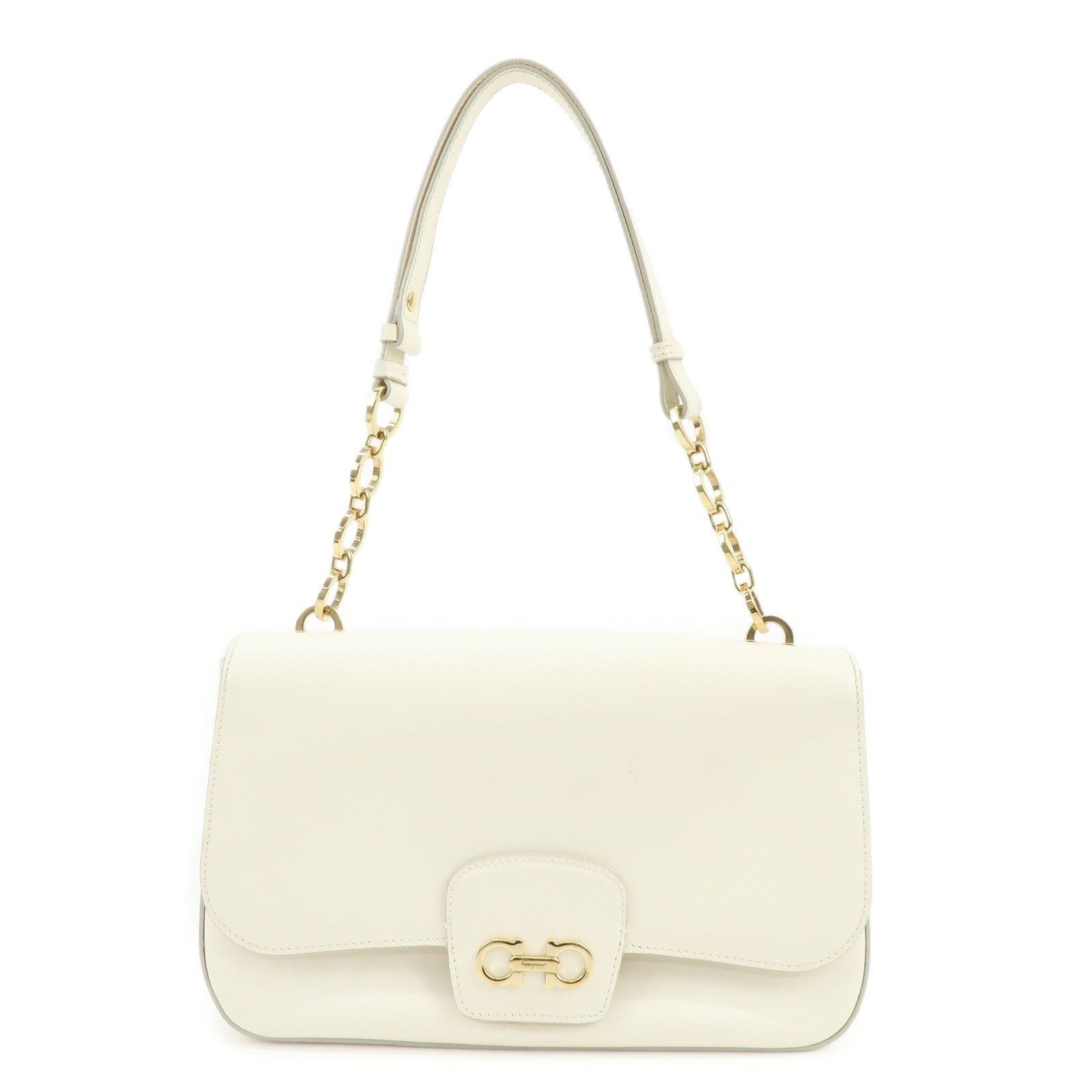 Ferragamo Gancini Leather Chain Shoulder Bag Hand Bag Ivory
