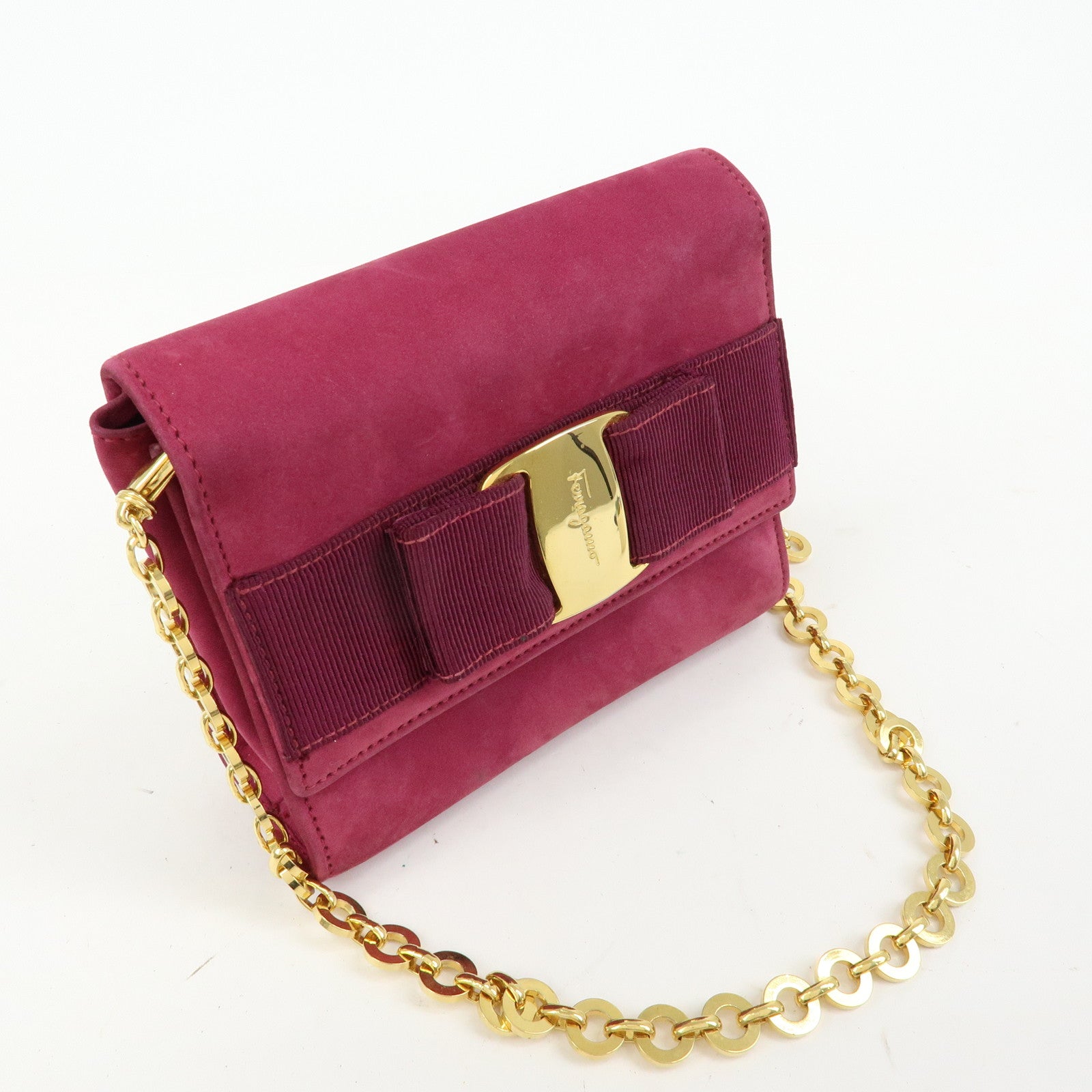 Ferragamo Varra Ribbon Suede 3Way Bag Chain Shoulder Bag Purple
