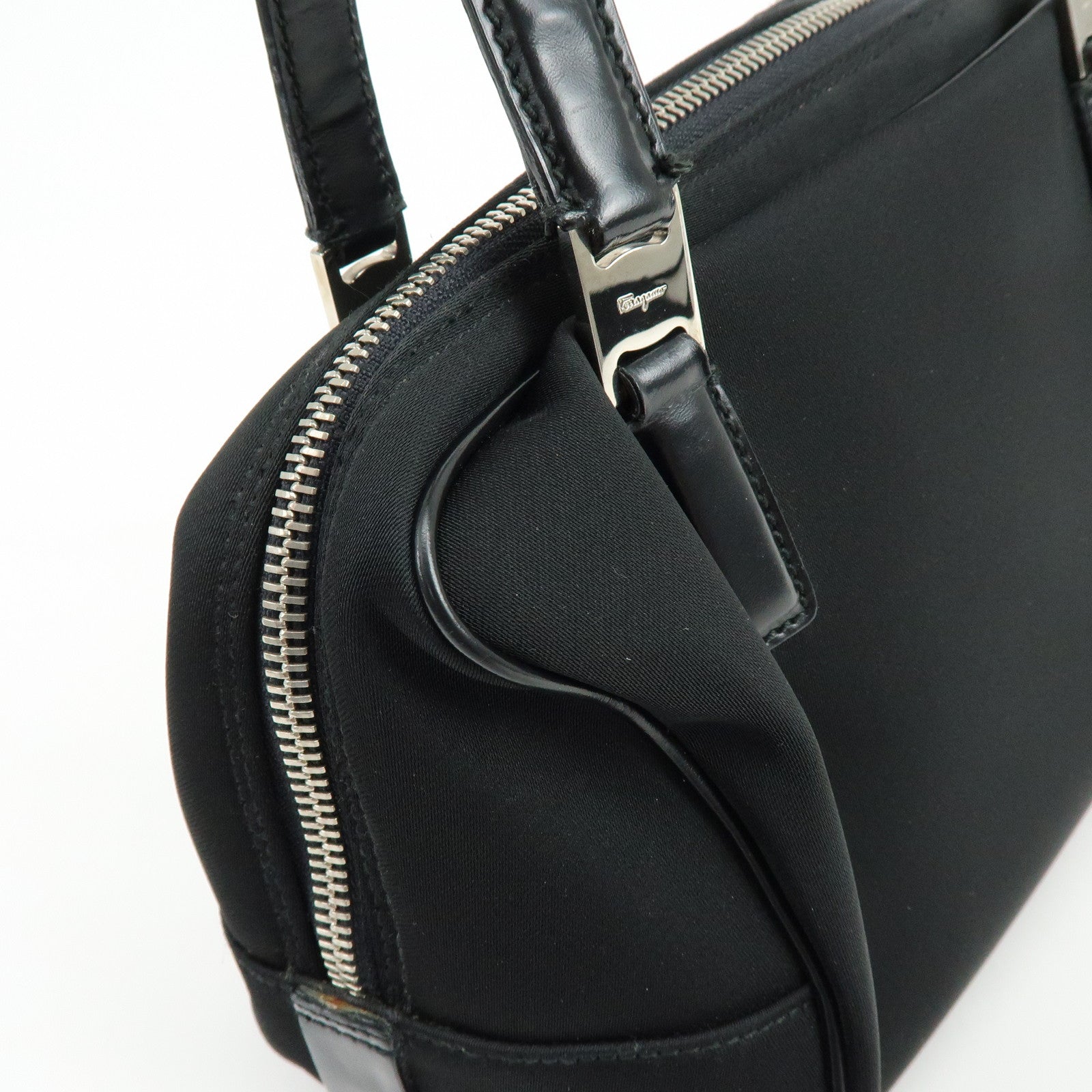 Ferragamo Nylon Leather Hand Bag Mini Boston Bag Black