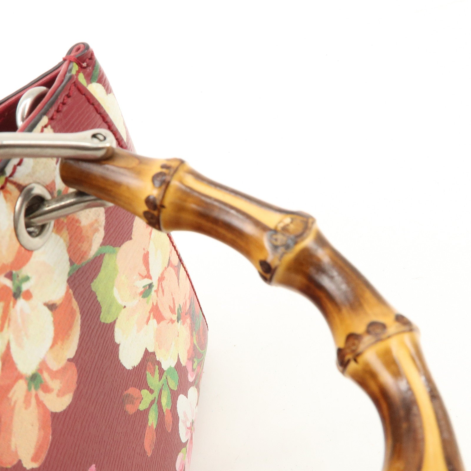 GUCCI Bamboo Leather Flower Mini Shopper 2Way Hand Bag Red 368823 Used