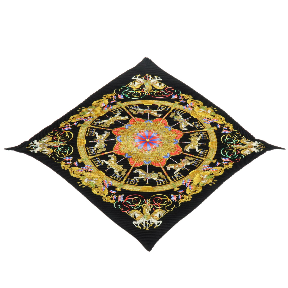 HERMES Pleated Carre 90 Silk 100% Luna Park Black Multicolor