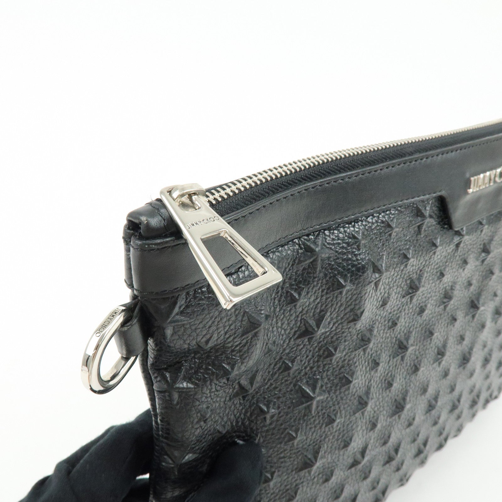 JIMMY CHOO Leather Clutch Bag Pouch Star Embossed Studs Black