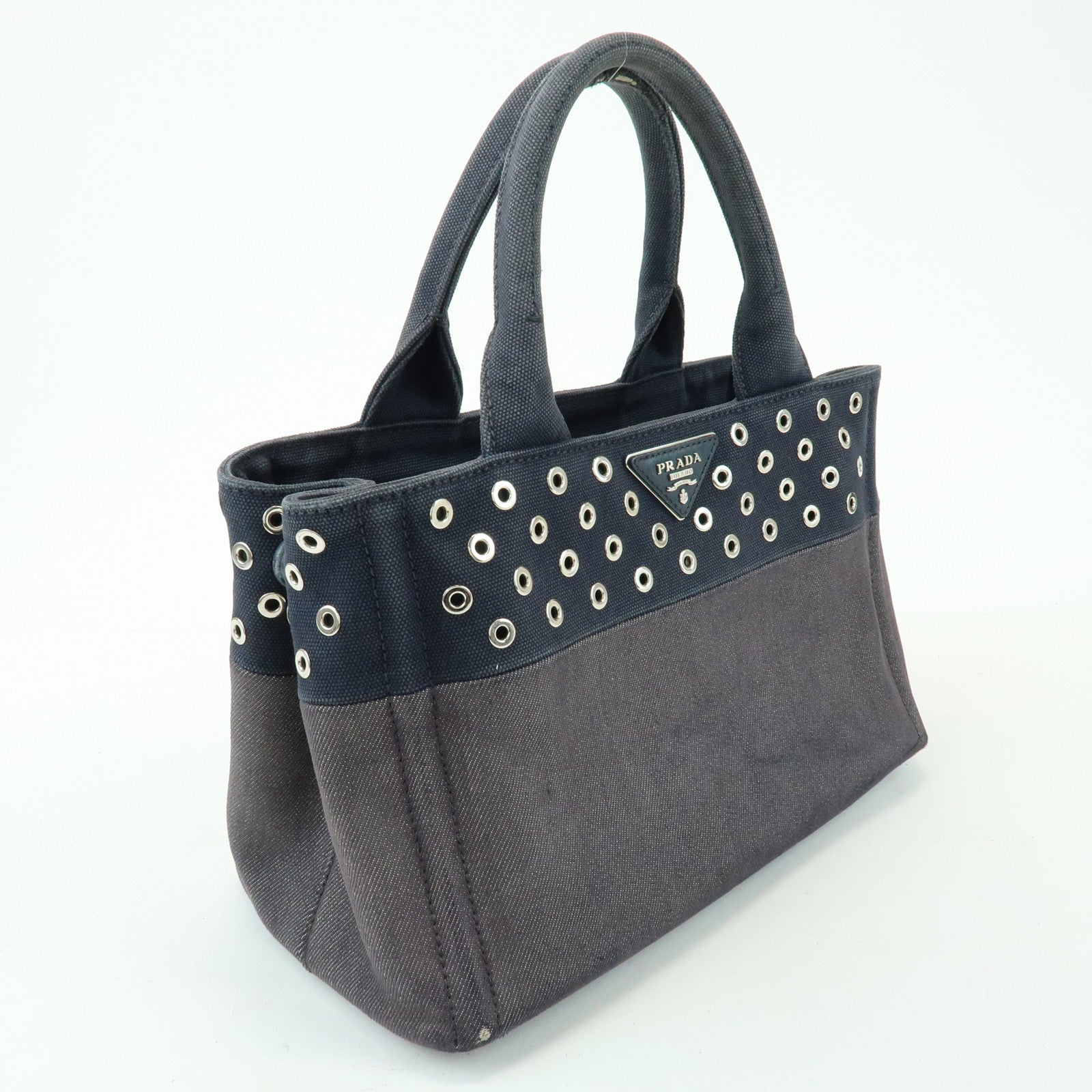 PRADA Canapa Mini Triangle Logo Denim Canvas 2Way Bag Navy 1BG439
